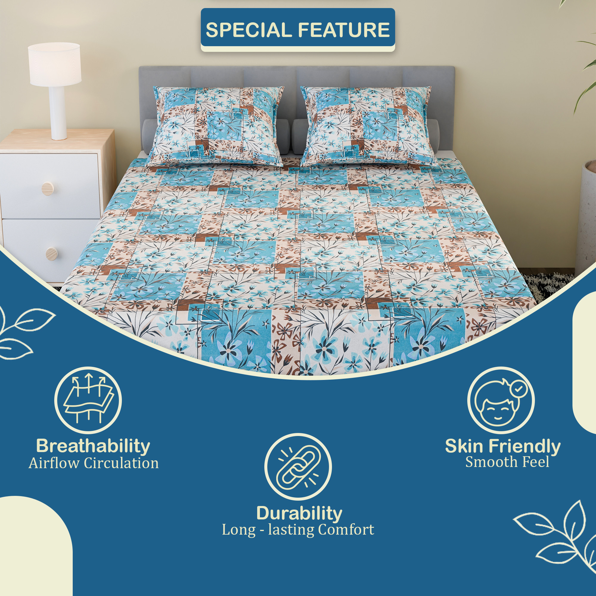 Kuber Industries Cotton 144 TC Double Bedsheet With 2 Pillow Covers  Machine Washable Soft Bedsheet For Living Room Home  Hotels  Flower Print - Blue  White