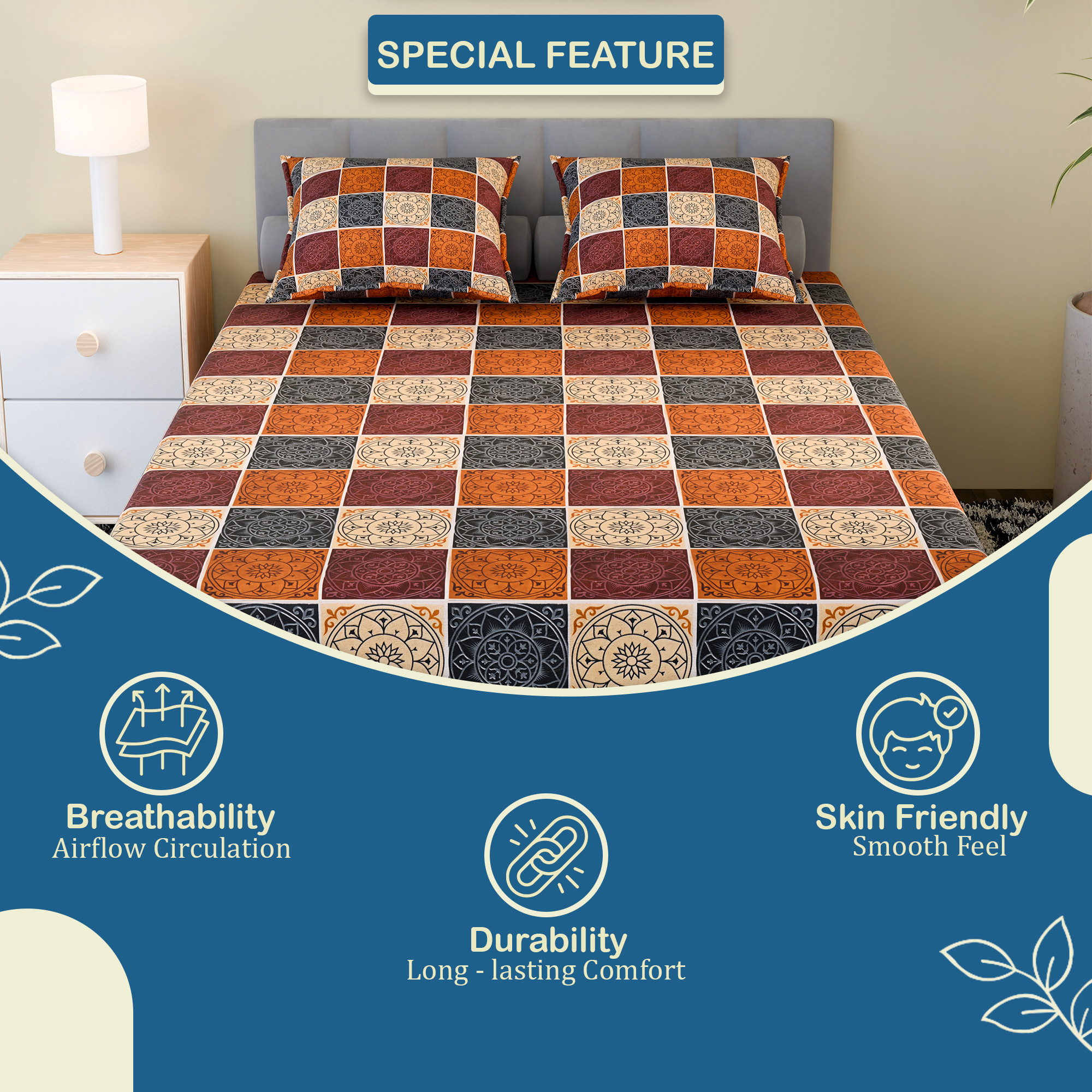 Kuber Industries Cotton 150 TC Double Bedsheet With 2 Pillow Covers  Machine Washable Soft Bedsheet For Living Room Home  Hotels  Rangoli Design - Brown  Black