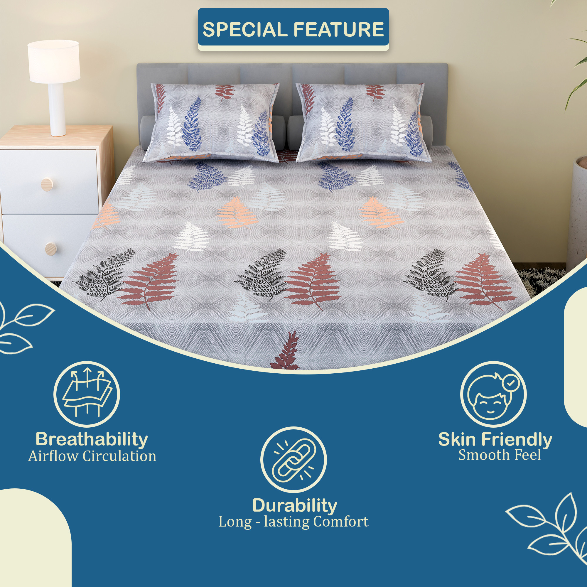 Kuber Industries Cotton 150 TC Double Bedsheet With 2 Pillow Covers  Machine Washable Soft Bedsheet For Living Room Home  Hotels  Leaf Fitted Print - Grey