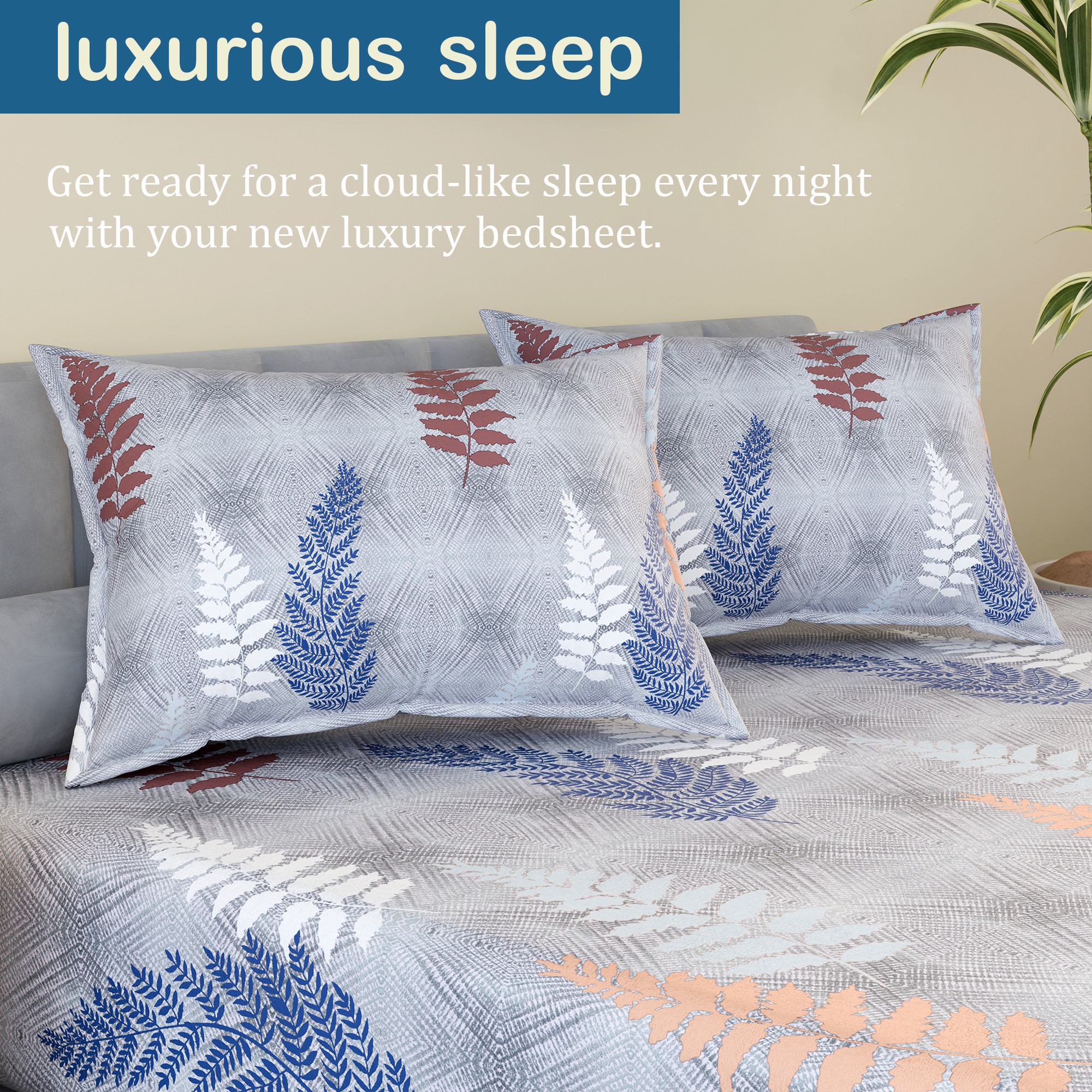 Kuber Industries Cotton 150 TC Double Bedsheet With 2 Pillow Covers  Machine Washable Soft Bedsheet For Living Room Home  Hotels  Leaf Fitted Print - Grey