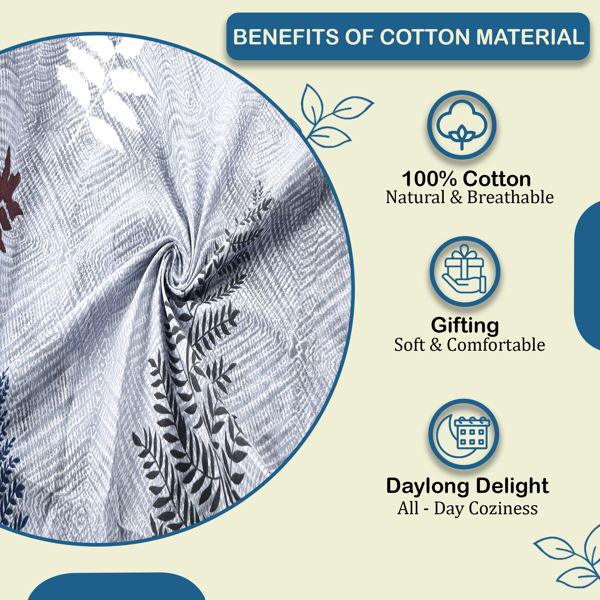Kuber Industries Cotton 150 TC Double Bedsheet With 2 Pillow Covers  Machine Washable Soft Bedsheet For Living Room Home  Hotels  Leaf Fitted Print - Grey