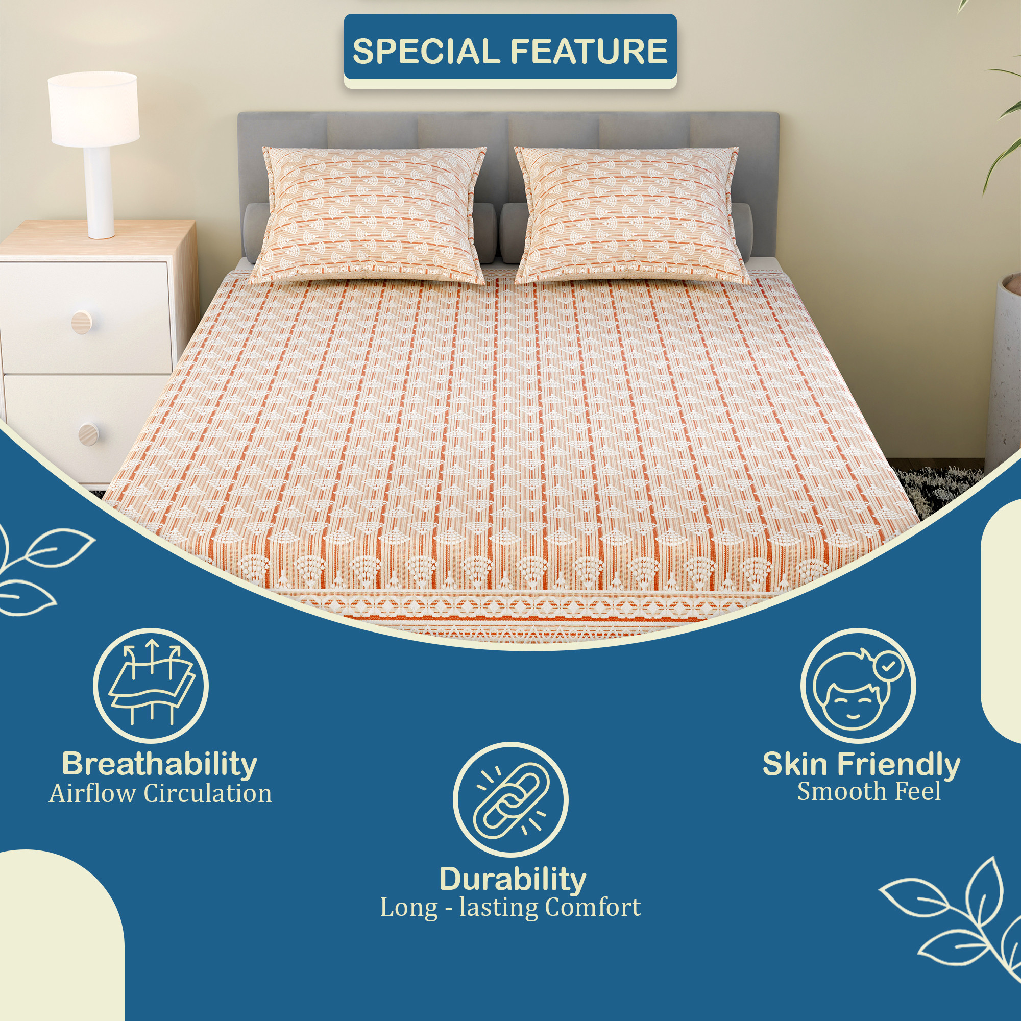 Kuber Industries Cotton 160 TC Double Bedsheet With 2 Pillow Covers  Machine Washable Soft Bedsheet For Living Room Home  Hotels  Triangle Border Heritage Print - Orange