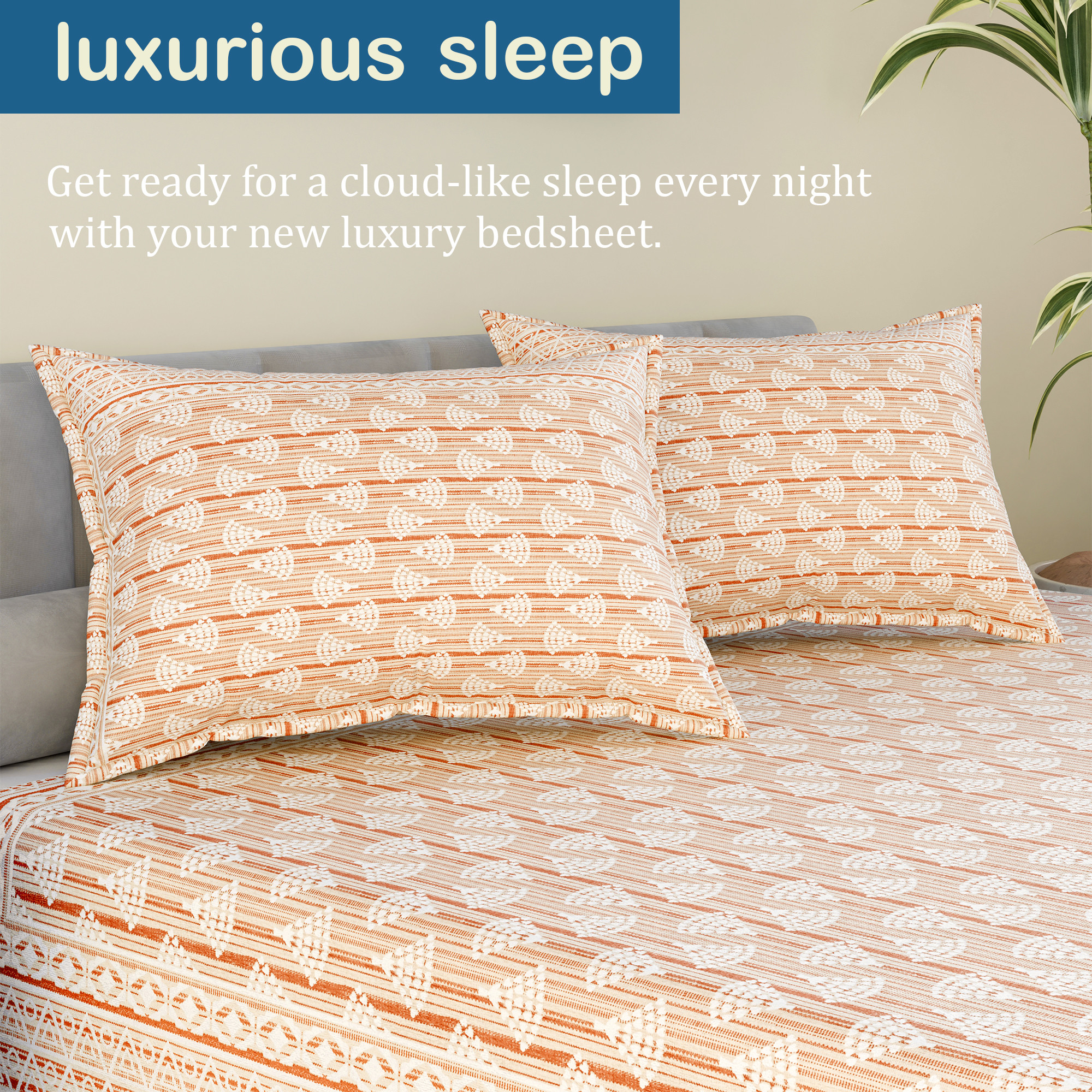 Kuber Industries Cotton 160 TC Double Bedsheet With 2 Pillow Covers  Machine Washable Soft Bedsheet For Living Room Home  Hotels  Triangle Border Heritage Print - Orange