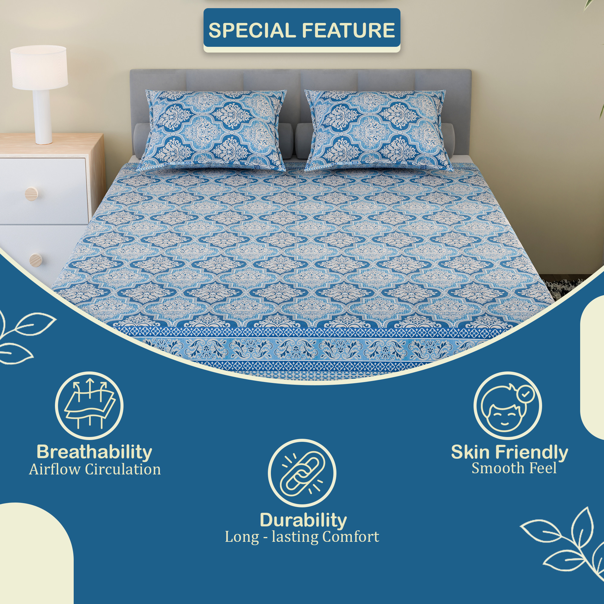 Kuber Industries Cotton 160 TC Double Bedsheet With 2 Pillow Covers  Machine Washable Soft Bedsheet For Living Room Home  Hotels  Flower Heritage Print - Blue