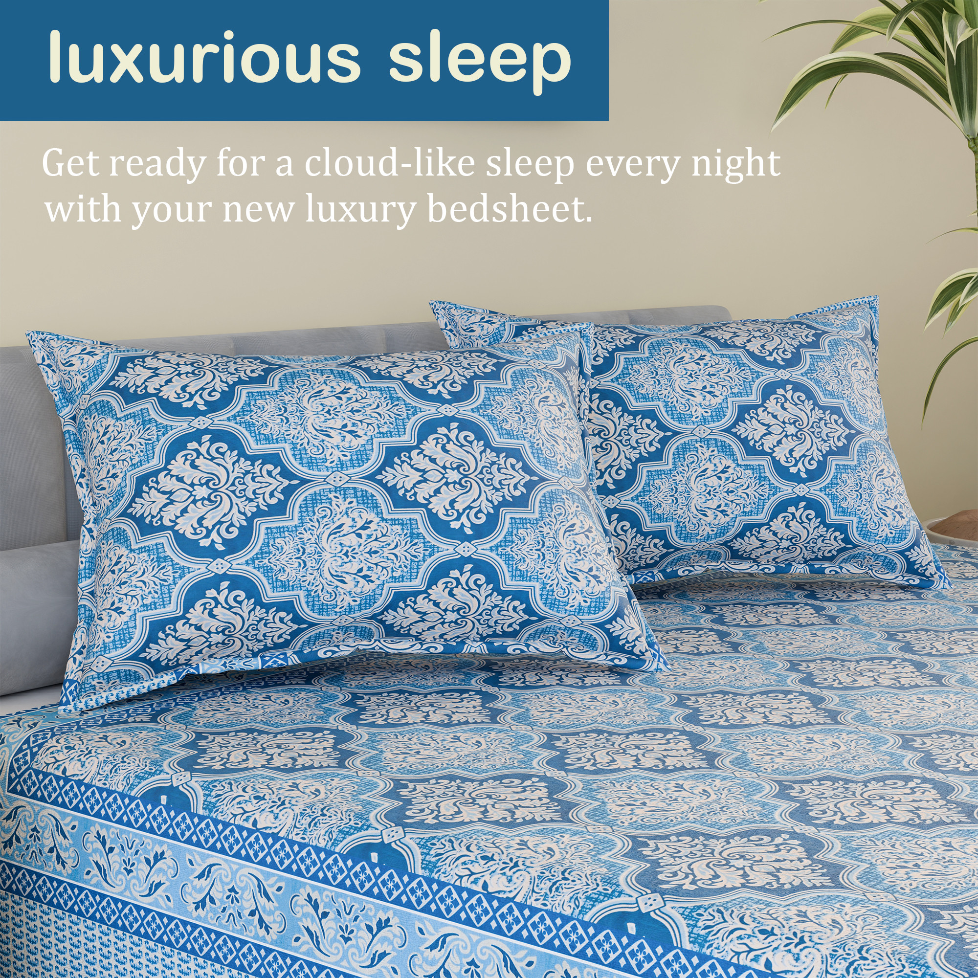 Kuber Industries Cotton 160 TC Double Bedsheet With 2 Pillow Covers  Machine Washable Soft Bedsheet For Living Room Home  Hotels  Flower Heritage Print - Blue