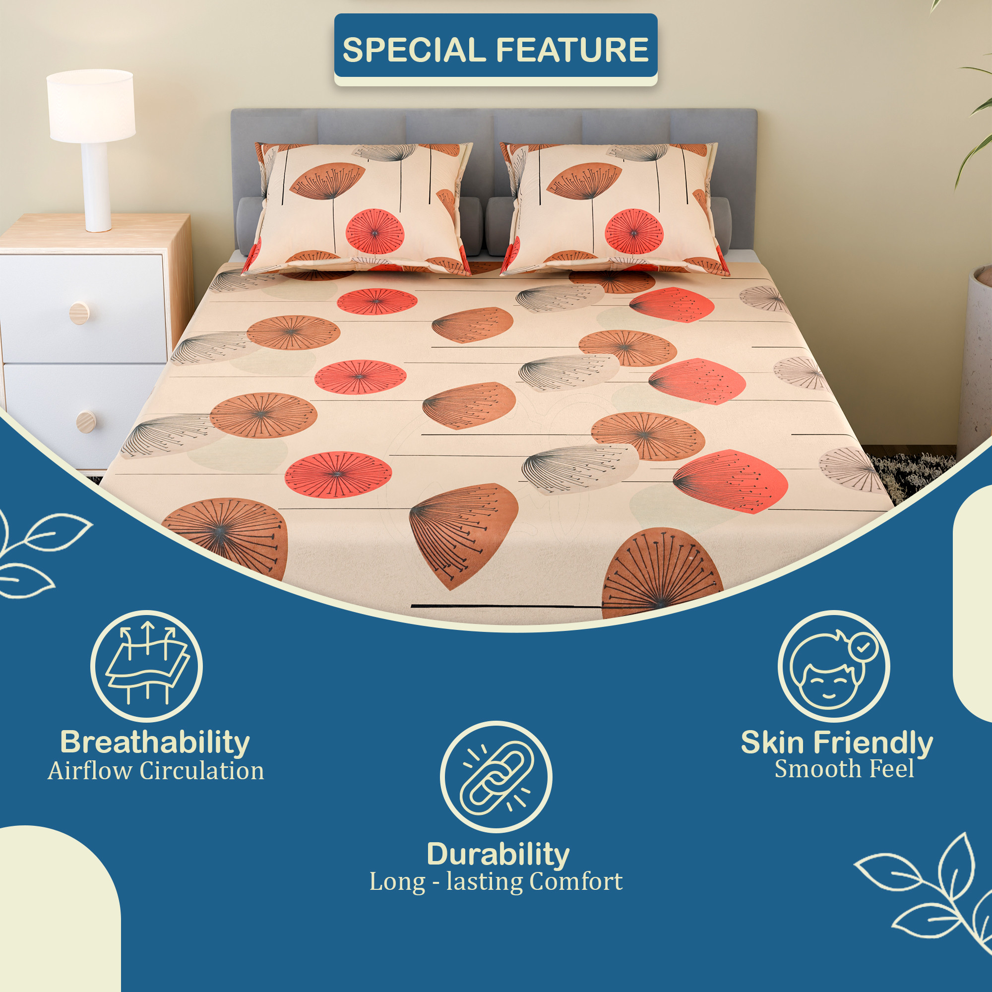 Kuber Industries Cotton 160 TC Double Bedsheet With 2 Pillow Covers  Machine Washable Soft Bedsheet For Living Room Home  Hotels  Flower Print - Cream  Maroon