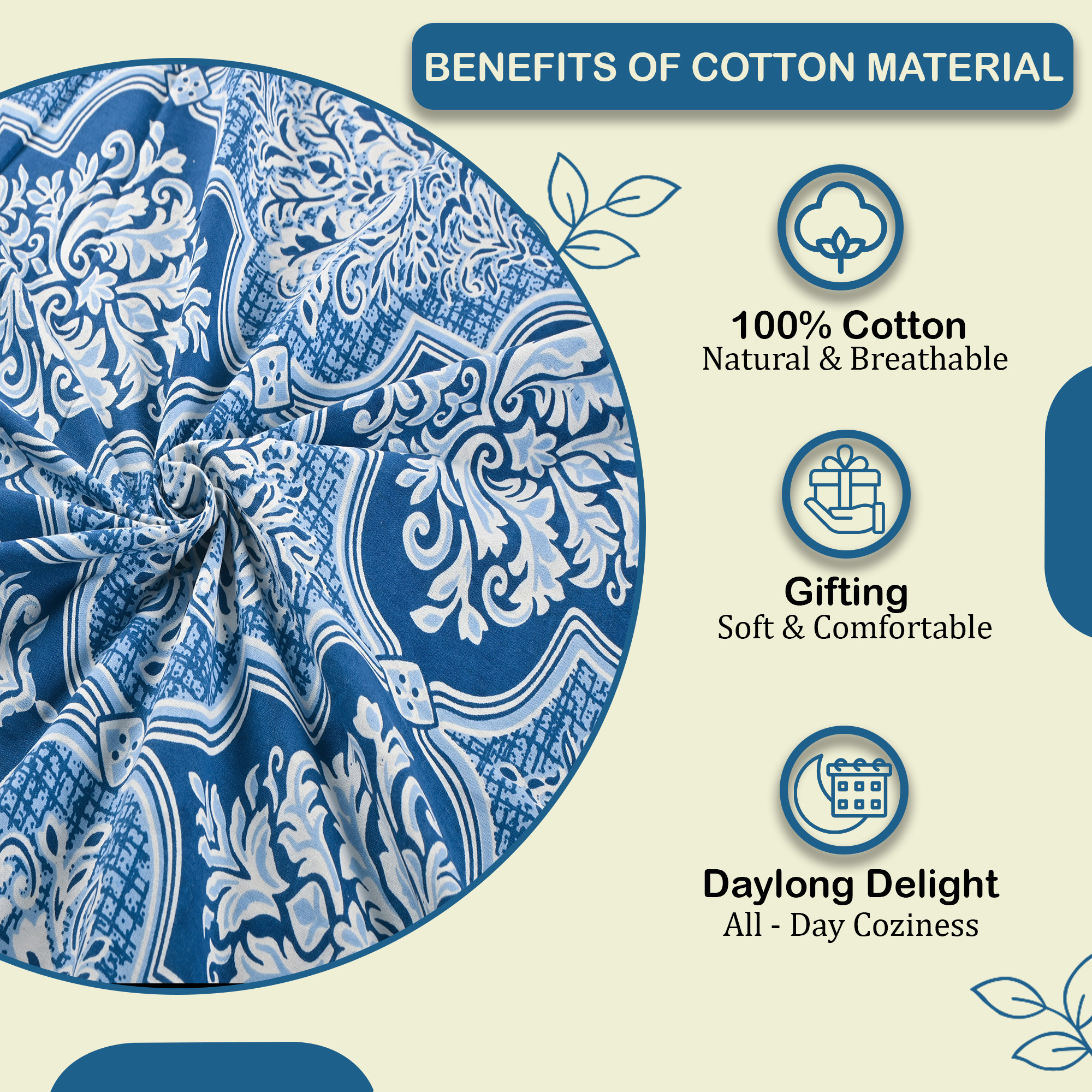 Kuber Industries Cotton 160 TC Double Bedsheet With 2 Pillow Covers  Machine Washable Soft Bedsheet For Living Room Home  Hotels  Flower Heritage Print - Blue