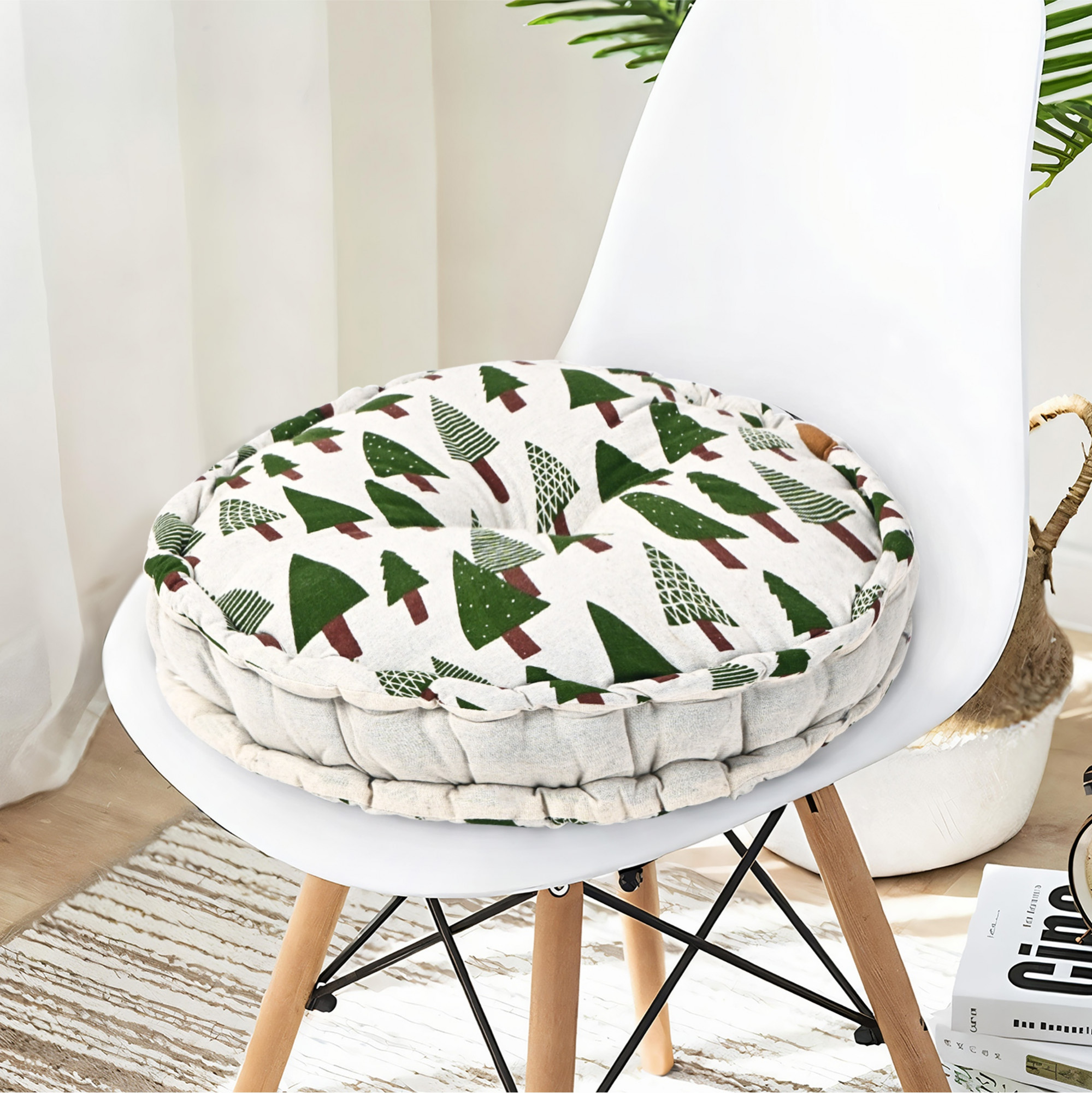 Kuber Industries Cotton 16x16 Inch Comfortable Sitting Chair Cushion Pads  Button Sitting Cushion  Back Rest for Chair  Cushion for Office Dining Chair Car IndoorOutdoor  Round Tree - Green