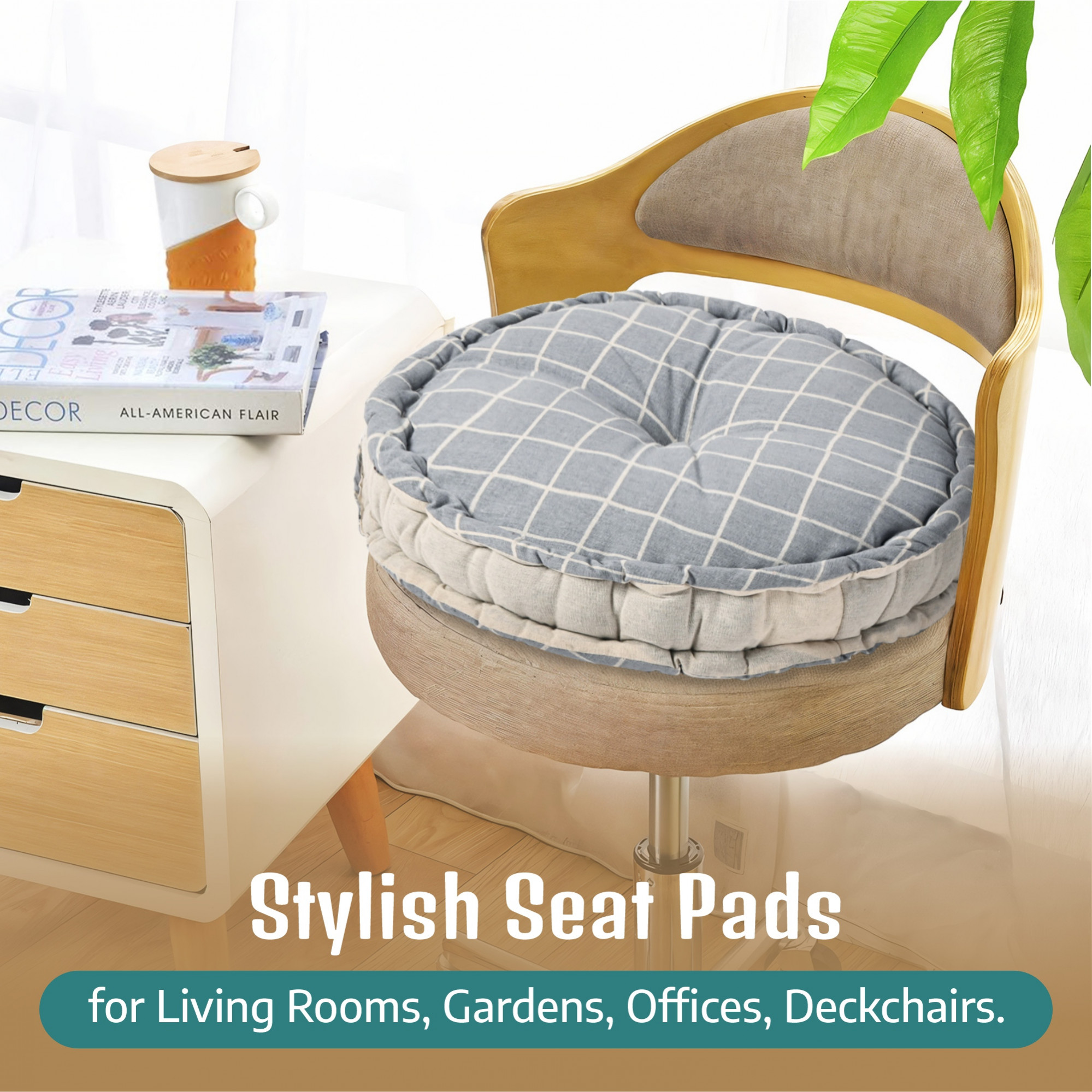 Kuber Industries Cotton 16x16 Inch Comfortable Sitting Chair Cushion Pads  Button Sitting Cushion  Back Rest for Chair  Cushion for Office Dining Chair Car IndoorOutdoor  Round Check - Grey