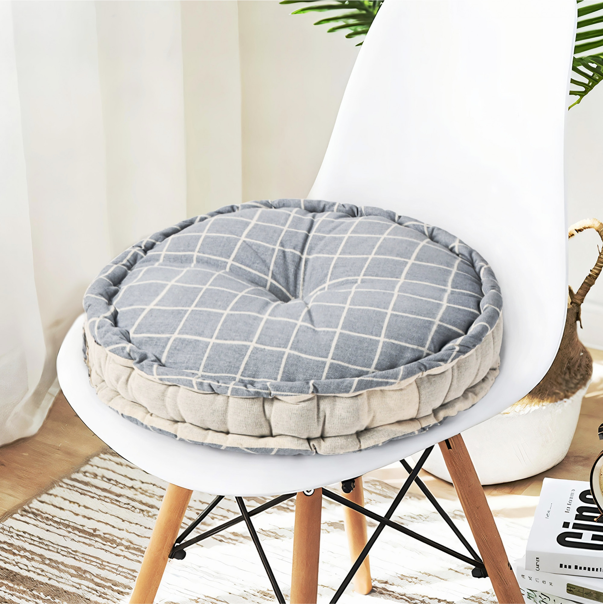 Kuber Industries Cotton 16x16 Inch Comfortable Sitting Chair Cushion Pads  Button Sitting Cushion  Back Rest for Chair  Cushion for Office Dining Chair Car IndoorOutdoor  Round Check - Grey