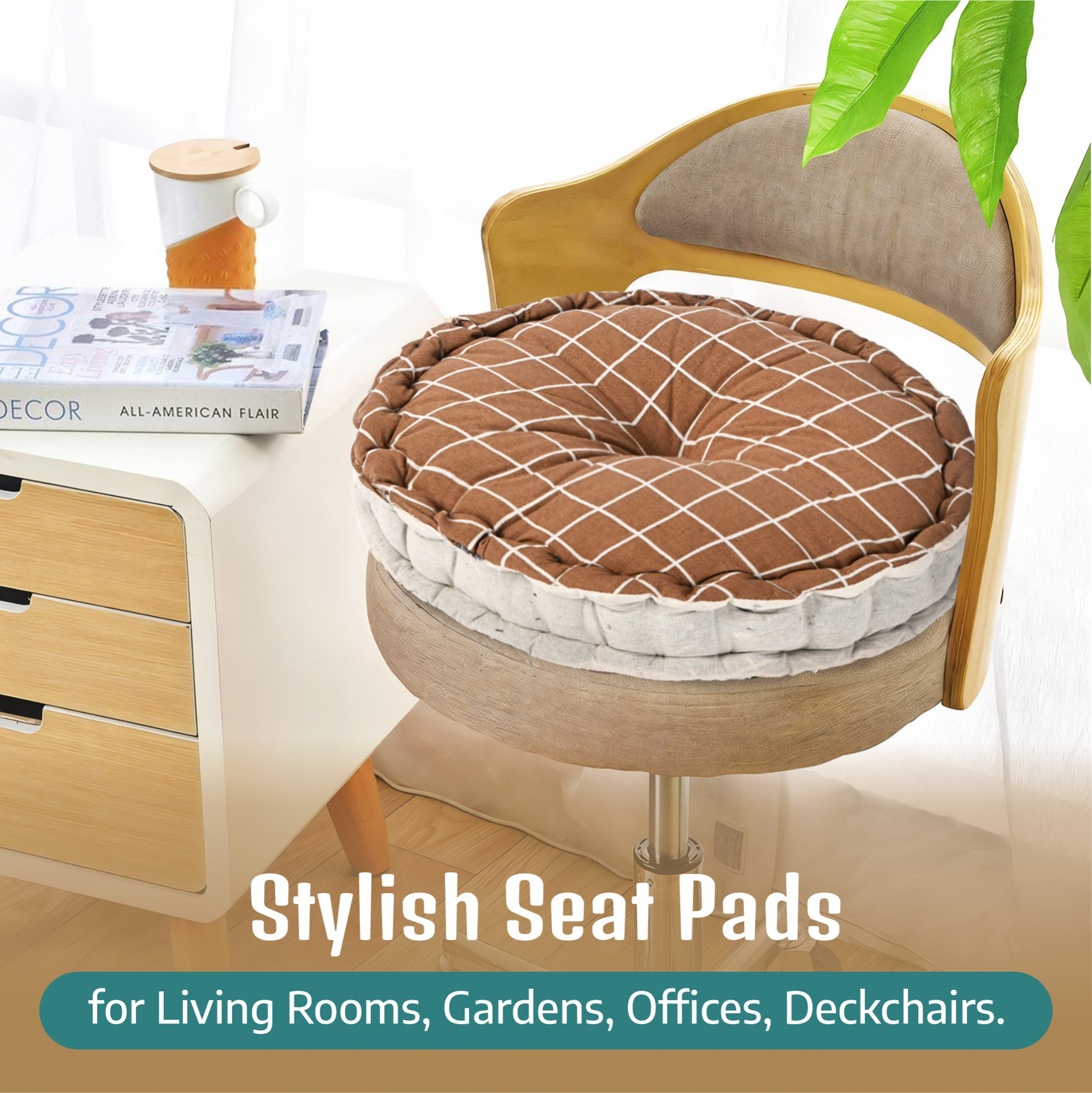 Kuber Industries Cotton 16x16 Inch Sitting Chair Cushion Pads  Button Sitting Cushion  Back Rest for Chair  Cushion for Office Dining Chair Car IndoorOutdoor  Round Check - Brown
