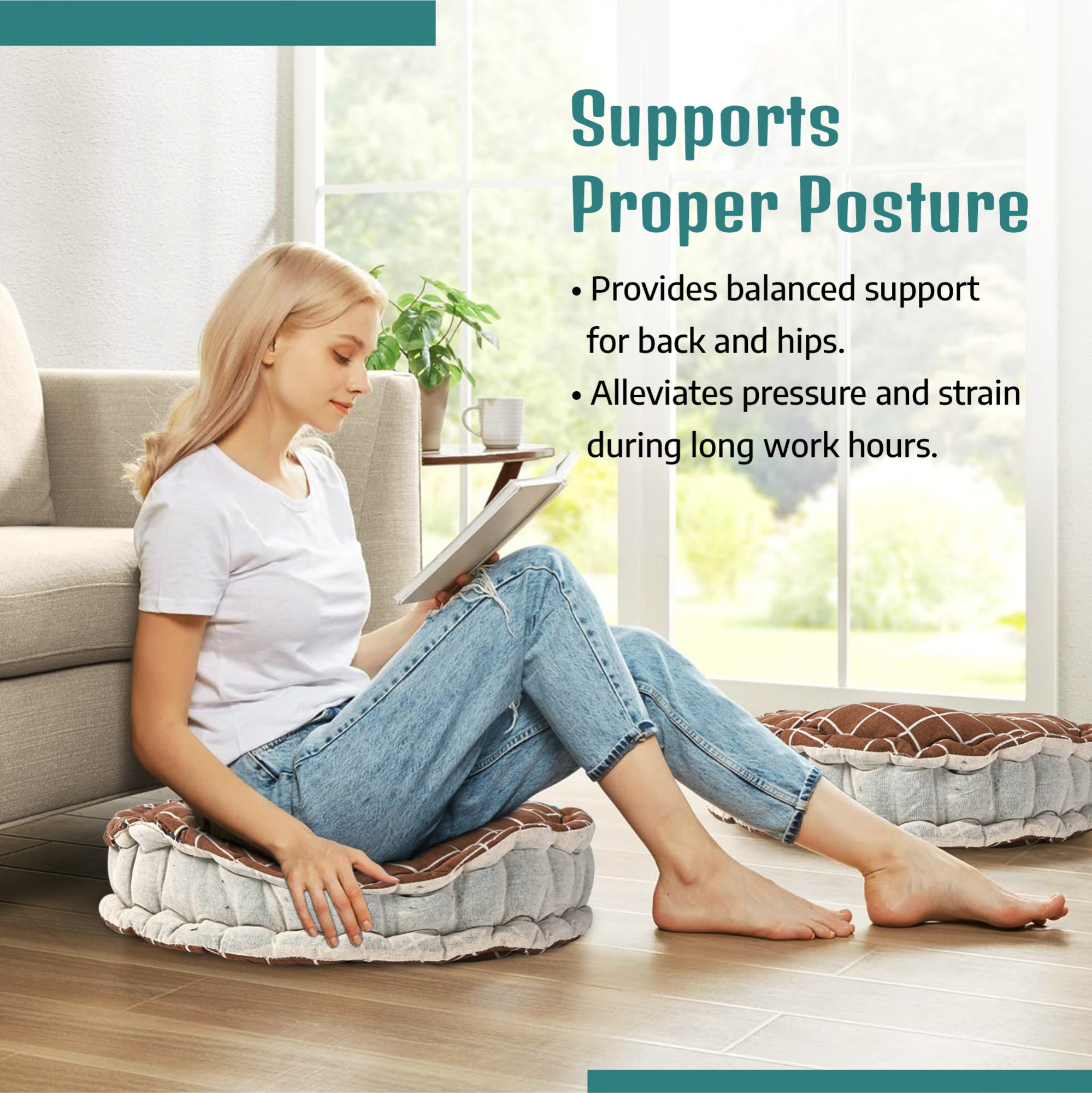 Kuber Industries Cotton 16x16 Inch Sitting Chair Cushion Pads  Button Sitting Cushion  Back Rest for Chair  Cushion for Office Dining Chair Car IndoorOutdoor  Round Check - Brown