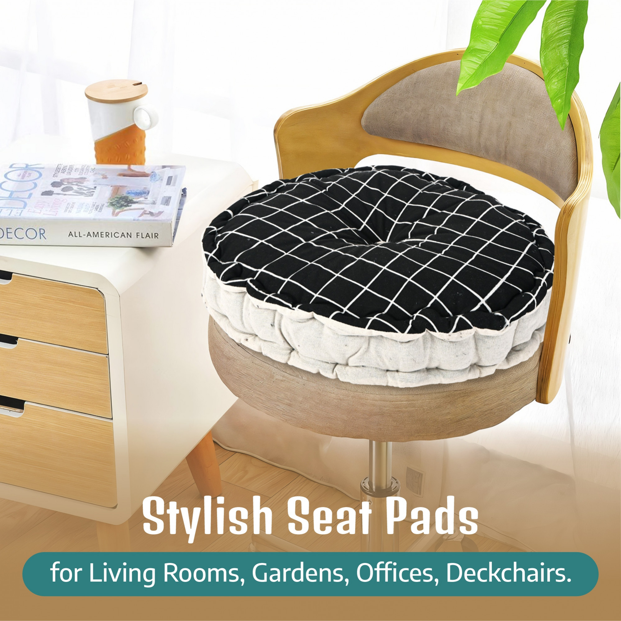 Kuber Industries Cotton 16x16 Inch Sitting Chair Cushion Pads  Button Sitting Cushion  Back Rest for Chair  Cushion for Office Dining Chair Car IndoorOutdoor  Round Check - Black