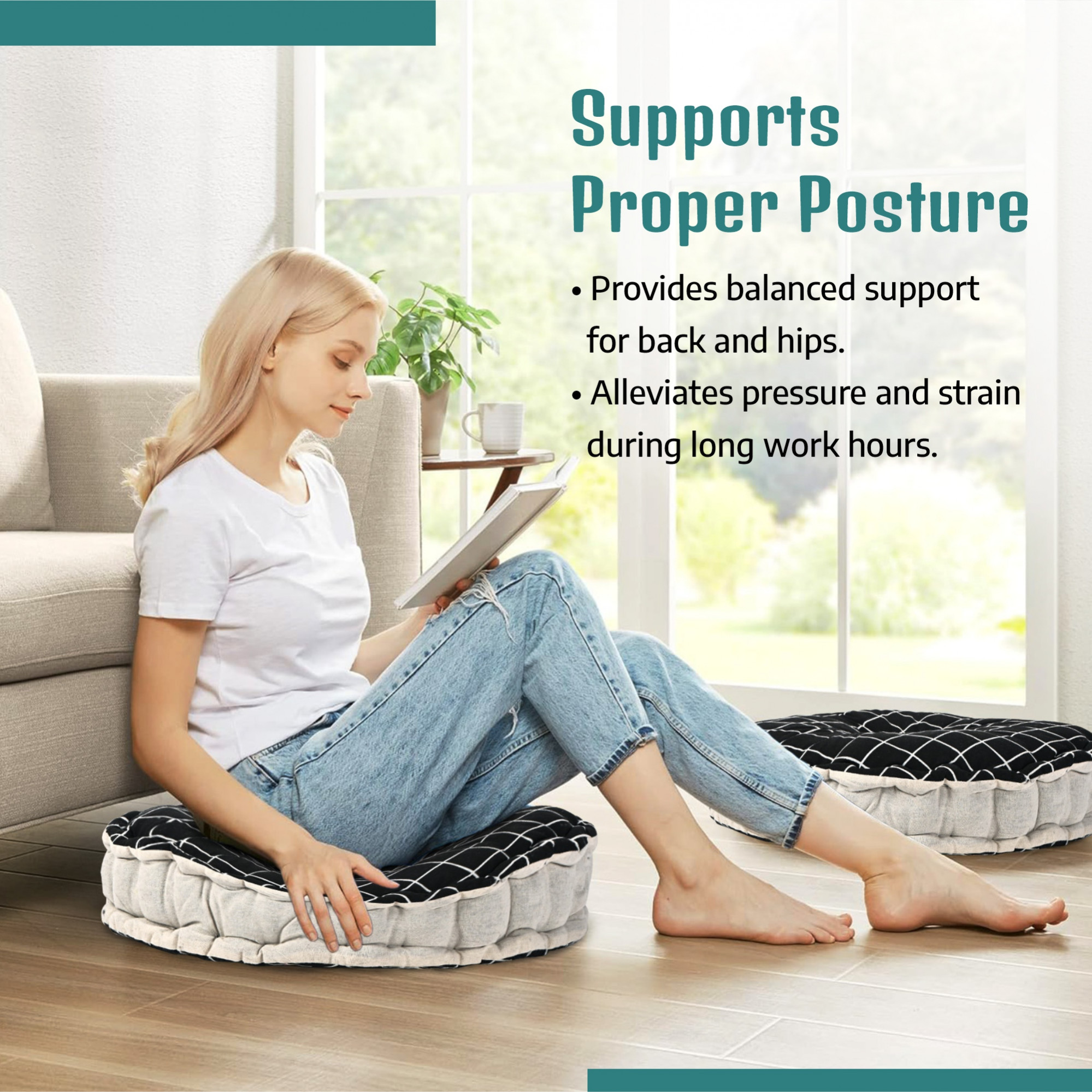 Kuber Industries Cotton 16x16 Inch Sitting Chair Cushion Pads  Button Sitting Cushion  Back Rest for Chair  Cushion for Office Dining Chair Car IndoorOutdoor  Round Check - Black