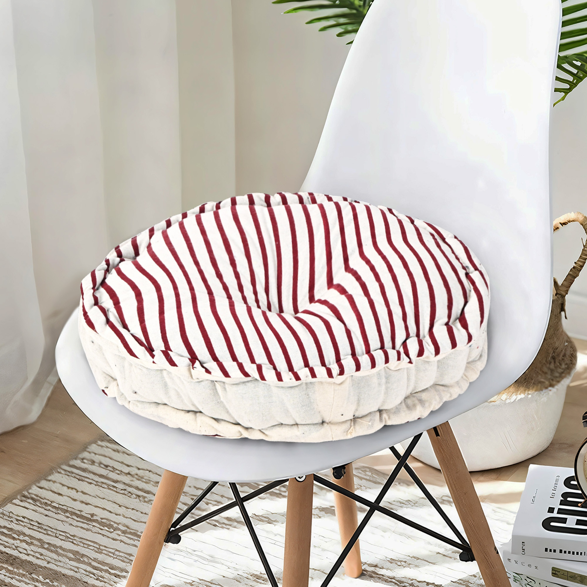 Kuber Industries Cotton 16x16 Inch Sitting Chair Cushion Pads  Button Sitting Cushion  Back Rest for Chair  Cushion for Office Dining Chair Car IndoorOutdoor  Round Lining - Maroon