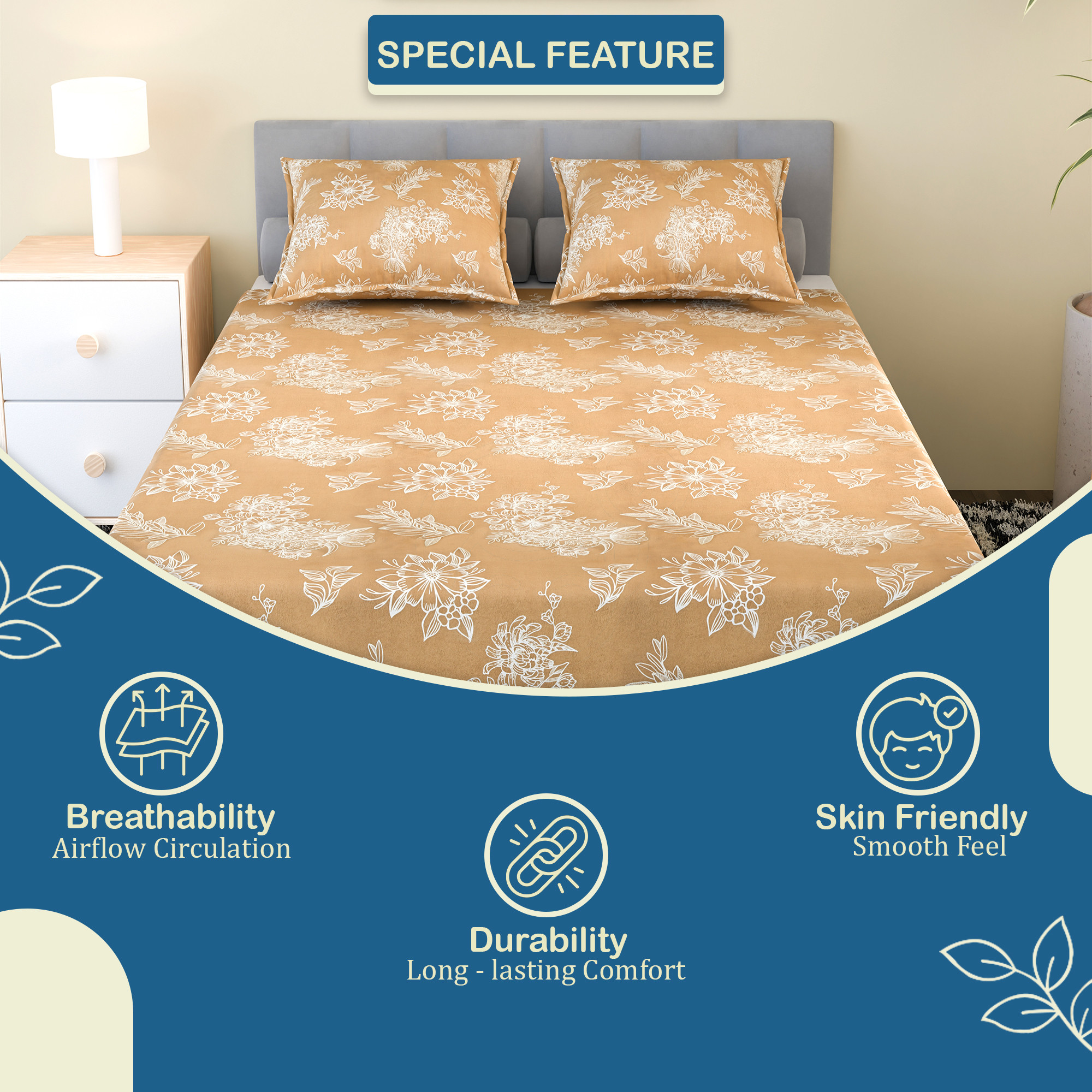 Kuber Industries Cotton 180 TC Double Bedsheet With 2 Pillow Covers  Machine Washable Soft Bedsheet For Living Room Home  Hotels  Lotus Fabio Print - Golden  White