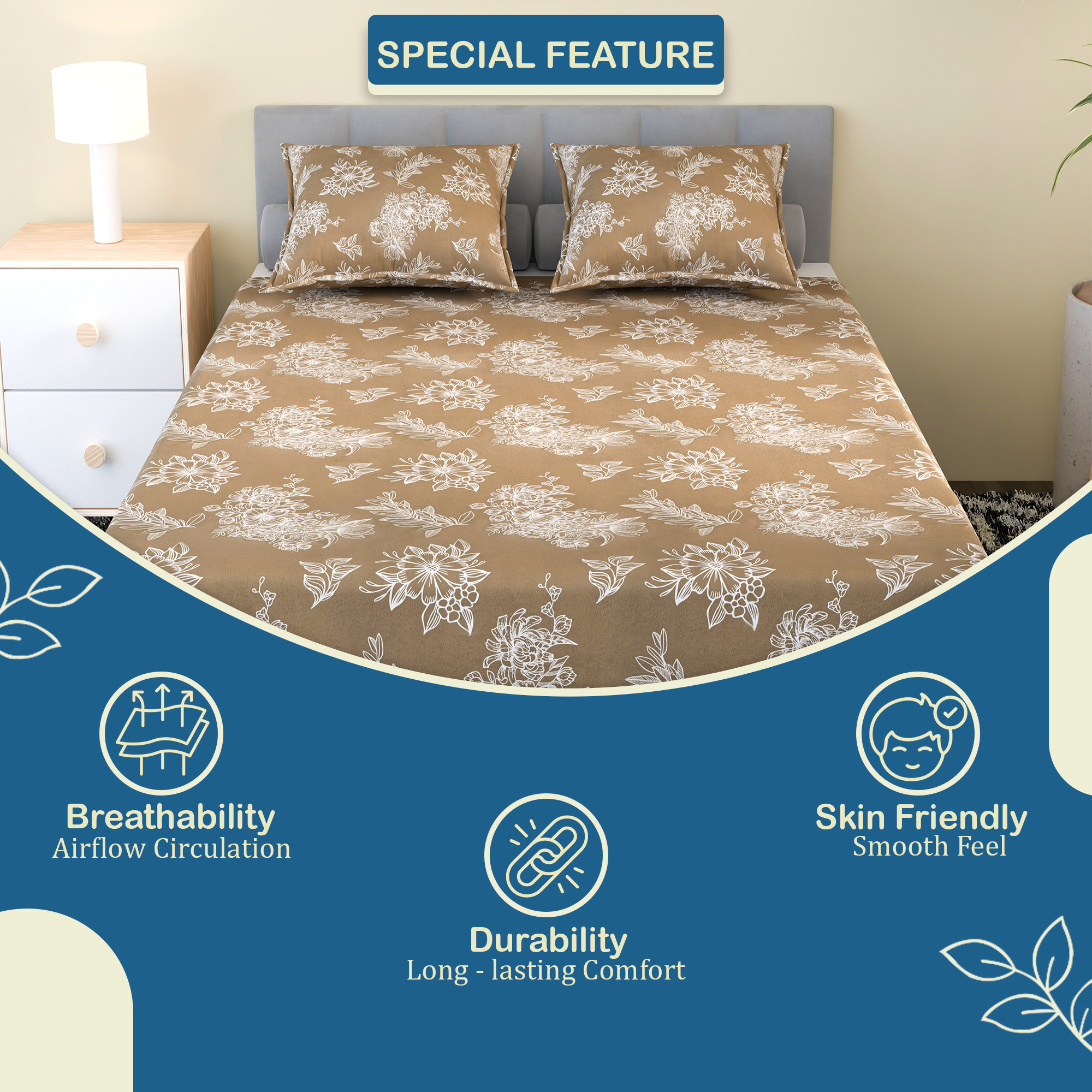 Kuber Industries Cotton 180 TC Double Bedsheet With 2 Pillow Covers  Machine Washable Soft Bedsheet For Living Room Home  Hotels  Lotus Fabio Print - Brown  White