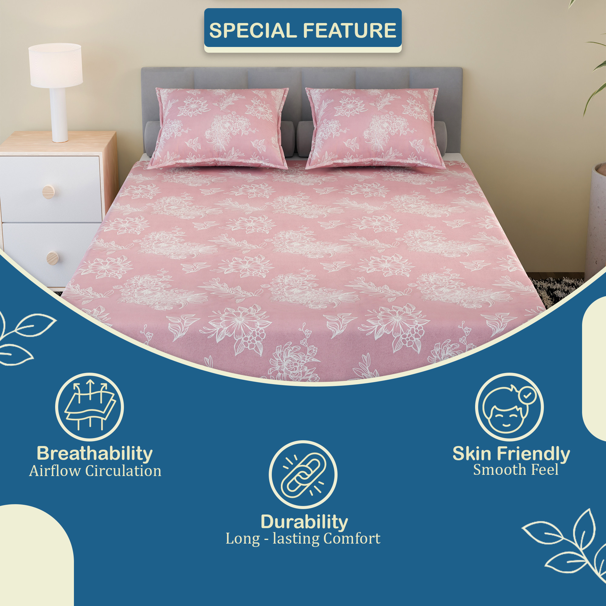 Kuber Industries Cotton 180 TC Double Bedsheet With 2 Pillow Covers  Machine Washable Soft Bedsheet For Living Room Home  Hotels  Lotus Fabio Print - Pink  White