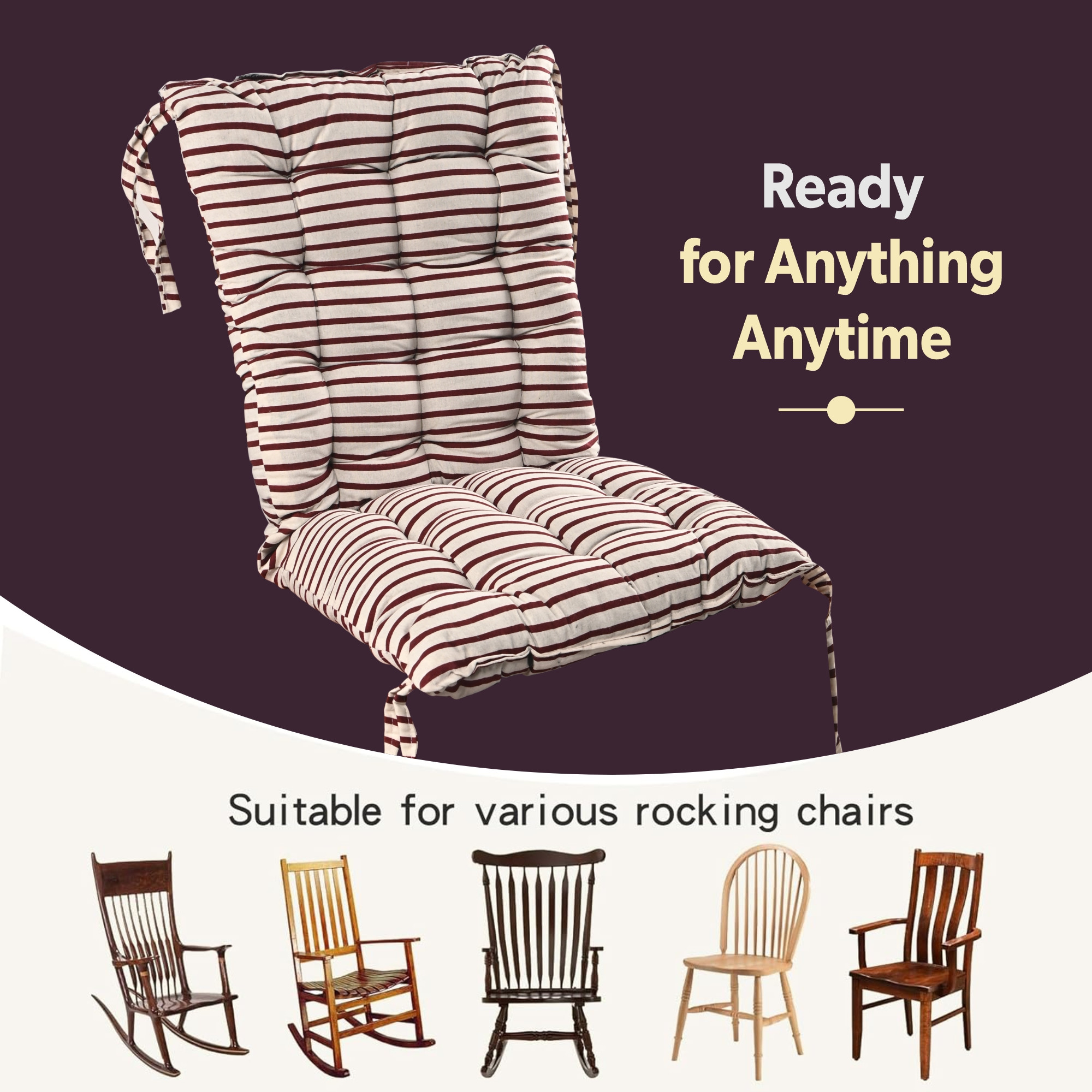 Kuber Industries Cotton 18x36 Inch Long Comfortable Rocking Chair Cushion with Ties  Back Rest  Seat Cushions Chair Pad for Rocking Chairs  Chair Cushion for Office  Home Use  Lining - Maroon