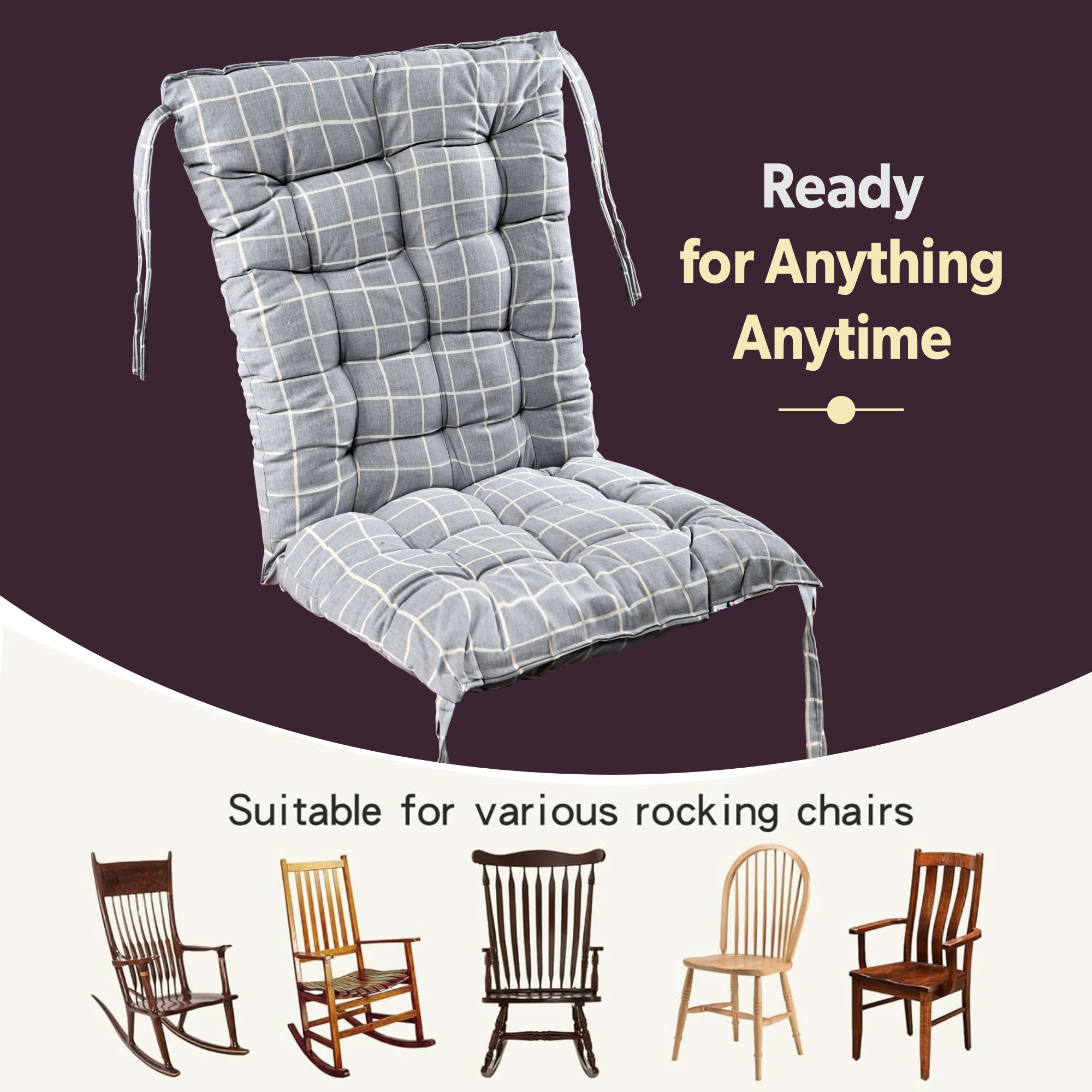 Kuber Industries Cotton 18x36 Inch Long Comfortable Rocking Chair Cushion with Ties  Back Rest  Seat Cushions Chair Pad for Rocking Chairs  Chair Cushion for Office  Home Use  Check - Grey