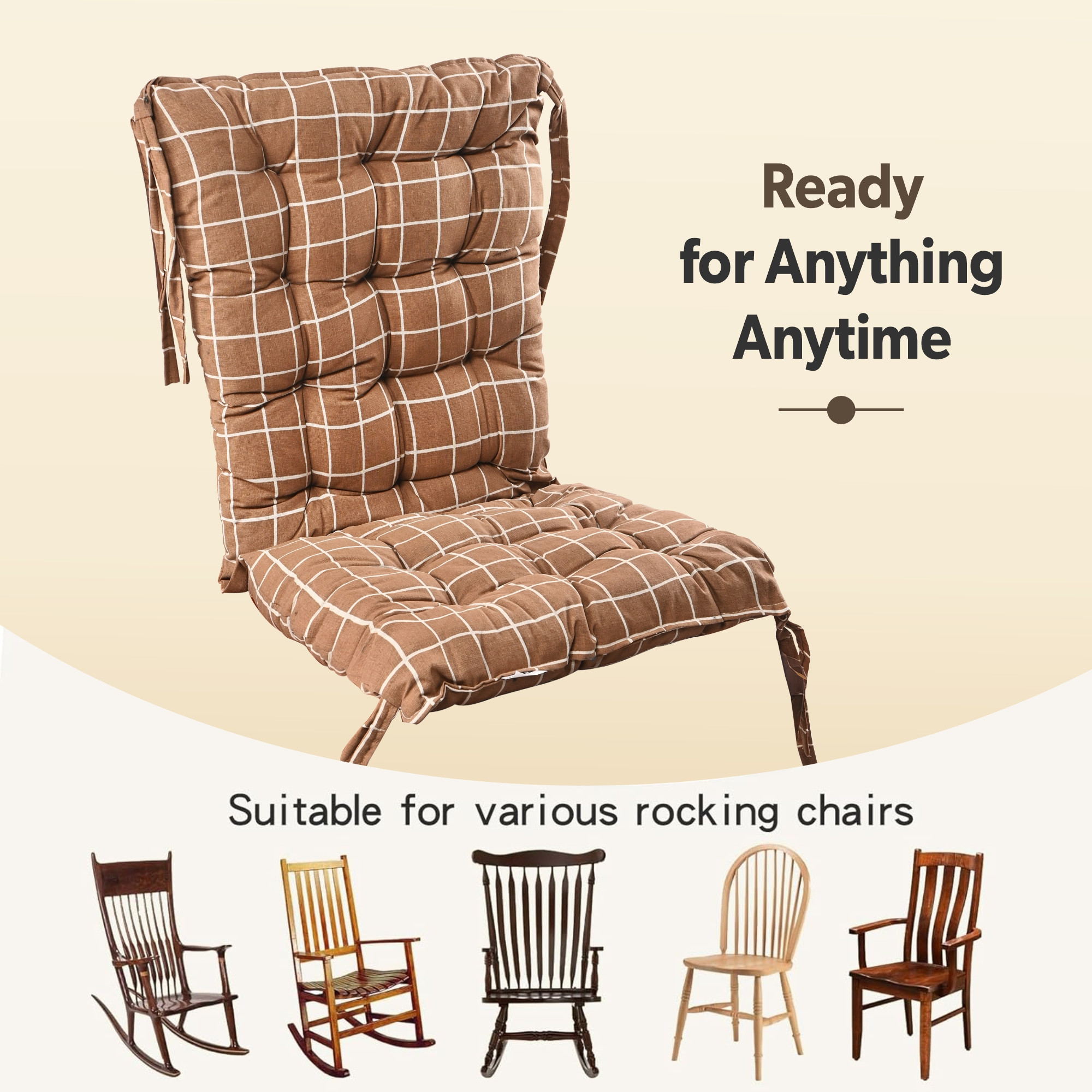 Kuber Industries Cotton 18x36 Inch Long Comfortable Rocking Chair Cushion with Ties  Back Rest  Seat Cushions Chair Pad for Rocking Chairs  Chair Cushion for Office  Home Use  Check - Brown