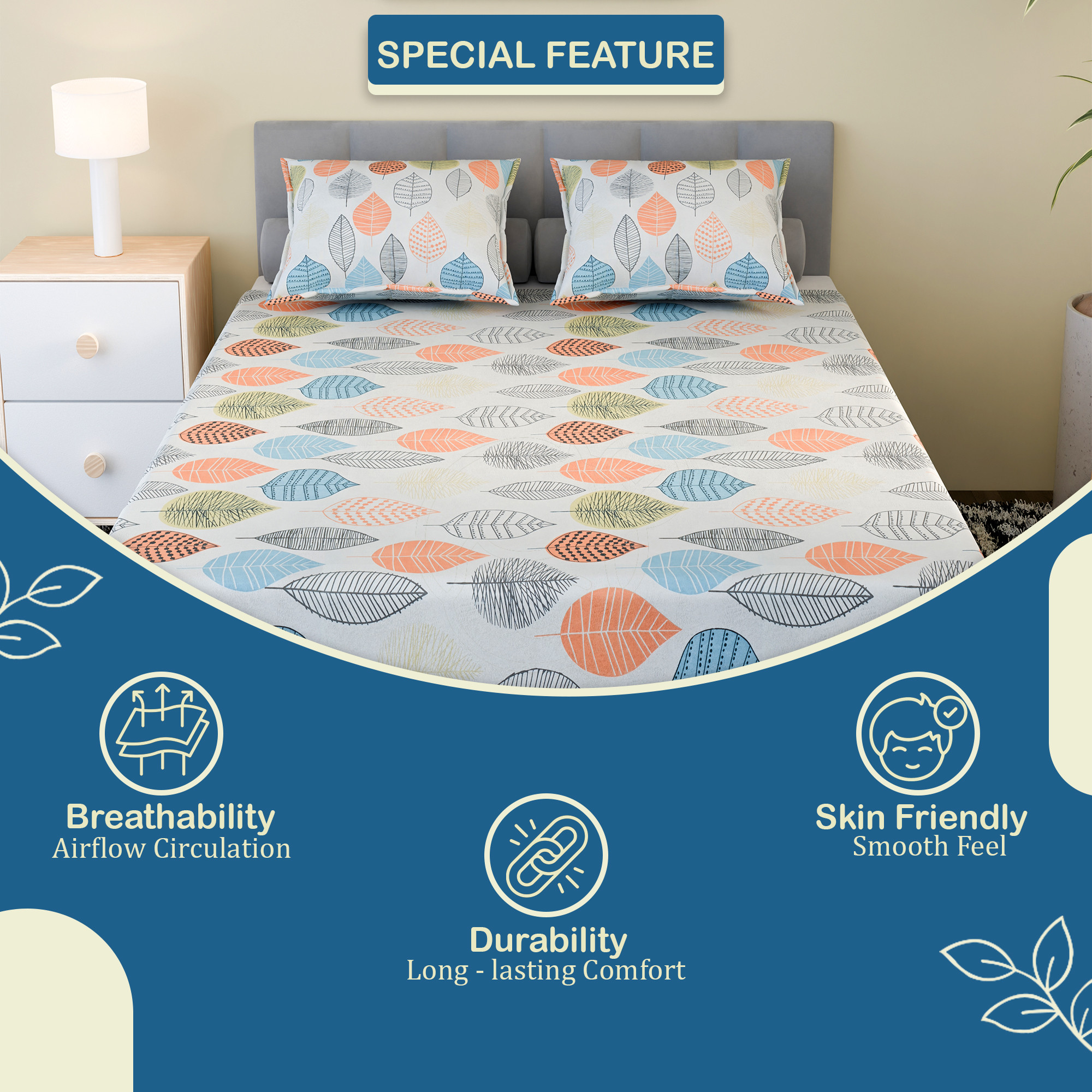 Kuber Industries Cotton 220 TC Double Bedsheet With 2 Pillow Covers  Machine Washable Soft Bedsheet For Living Room Home  Hotels  Leaf Print - Peach