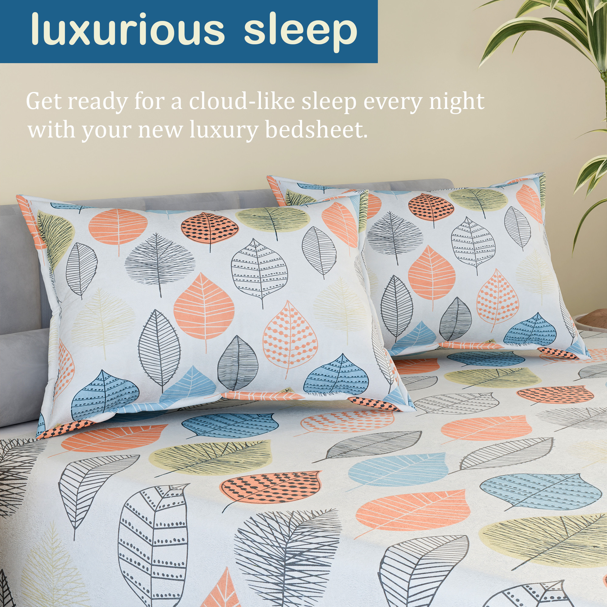 Kuber Industries Cotton 220 TC Double Bedsheet With 2 Pillow Covers  Machine Washable Soft Bedsheet For Living Room Home  Hotels  Leaf Print - Peach