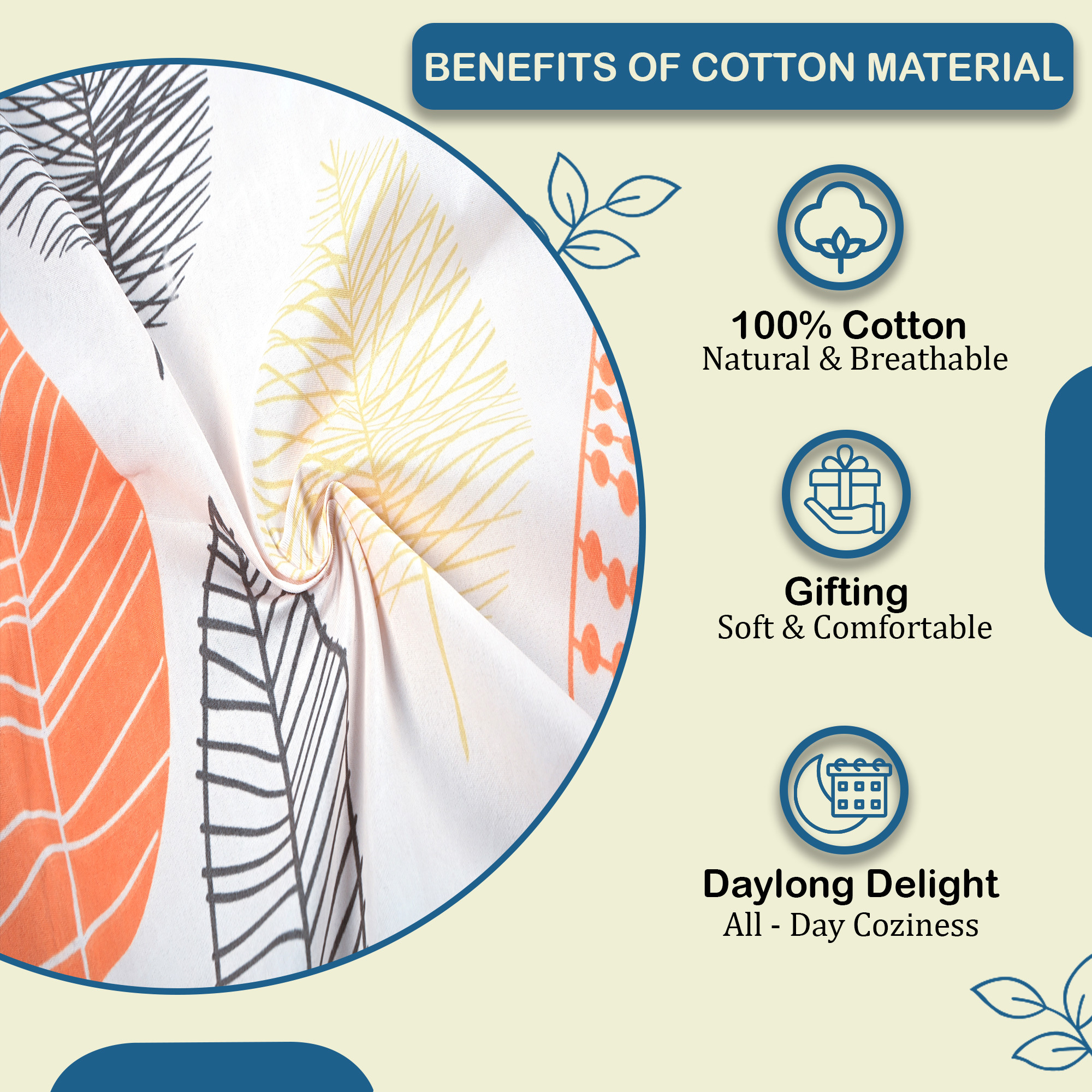 Kuber Industries Cotton 220 TC Double Bedsheet With 2 Pillow Covers  Machine Washable Soft Bedsheet For Living Room Home  Hotels  Leaf Print - Peach
