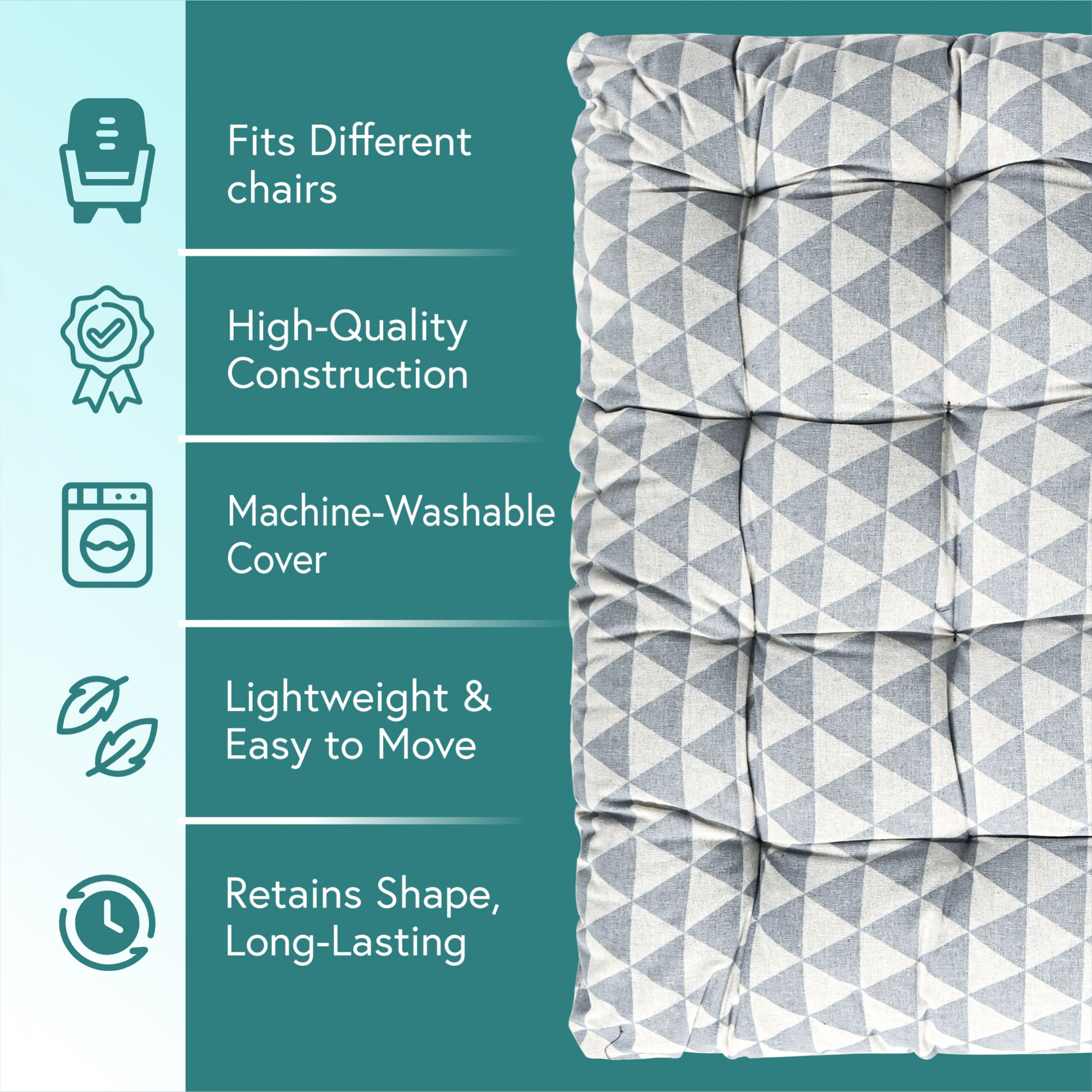 Kuber Industries Cotton 24x24 Inch Chair Cushion for Sitting  Rocking Chairs Cushion for Car Seat  Office Chair  Cushion with Ties for Home Office Meditation Yoga  Square Triangle - Grey