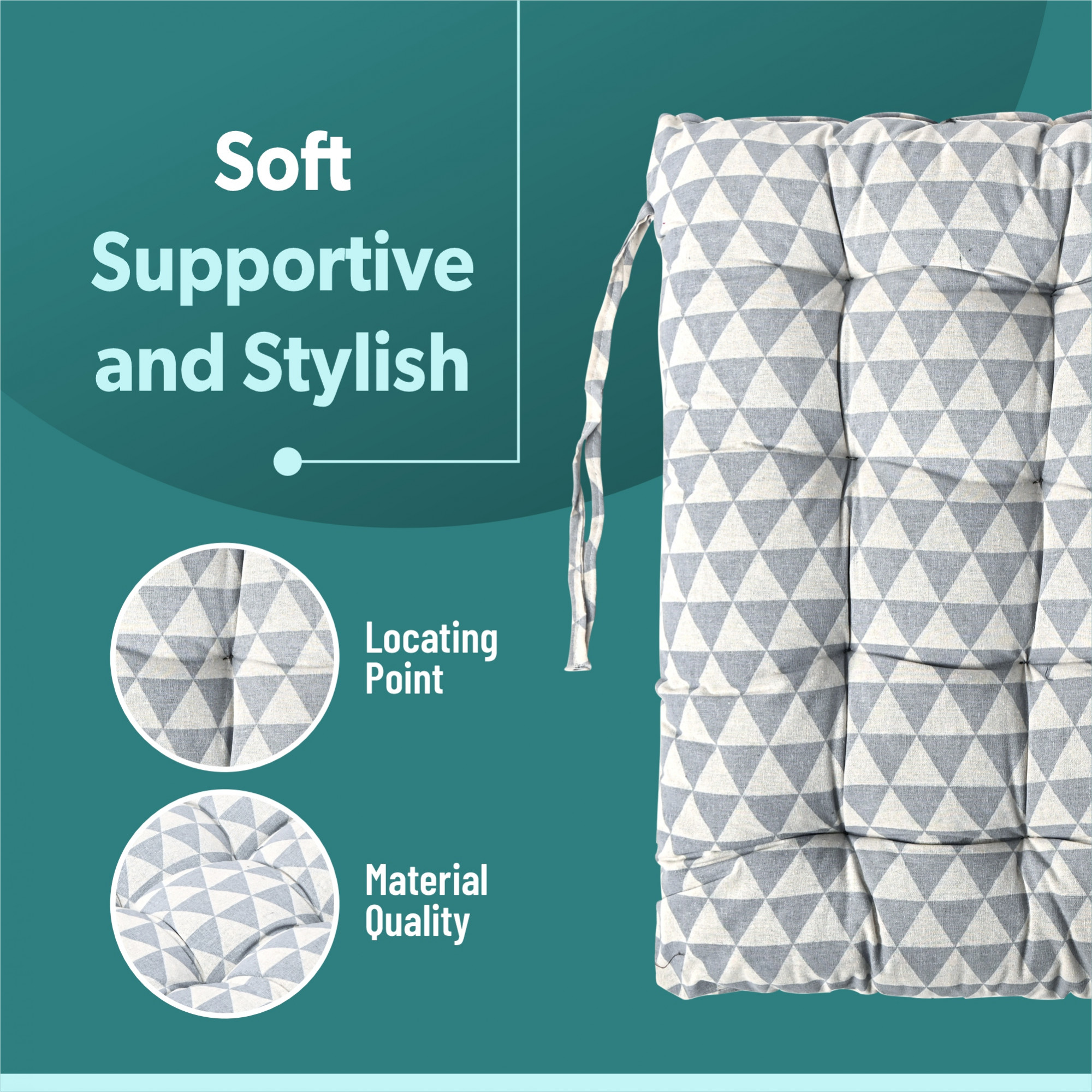 Kuber Industries Cotton 24x24 Inch Chair Cushion for Sitting  Rocking Chairs Cushion for Car Seat  Office Chair  Cushion with Ties for Home Office Meditation Yoga  Square Triangle - Grey