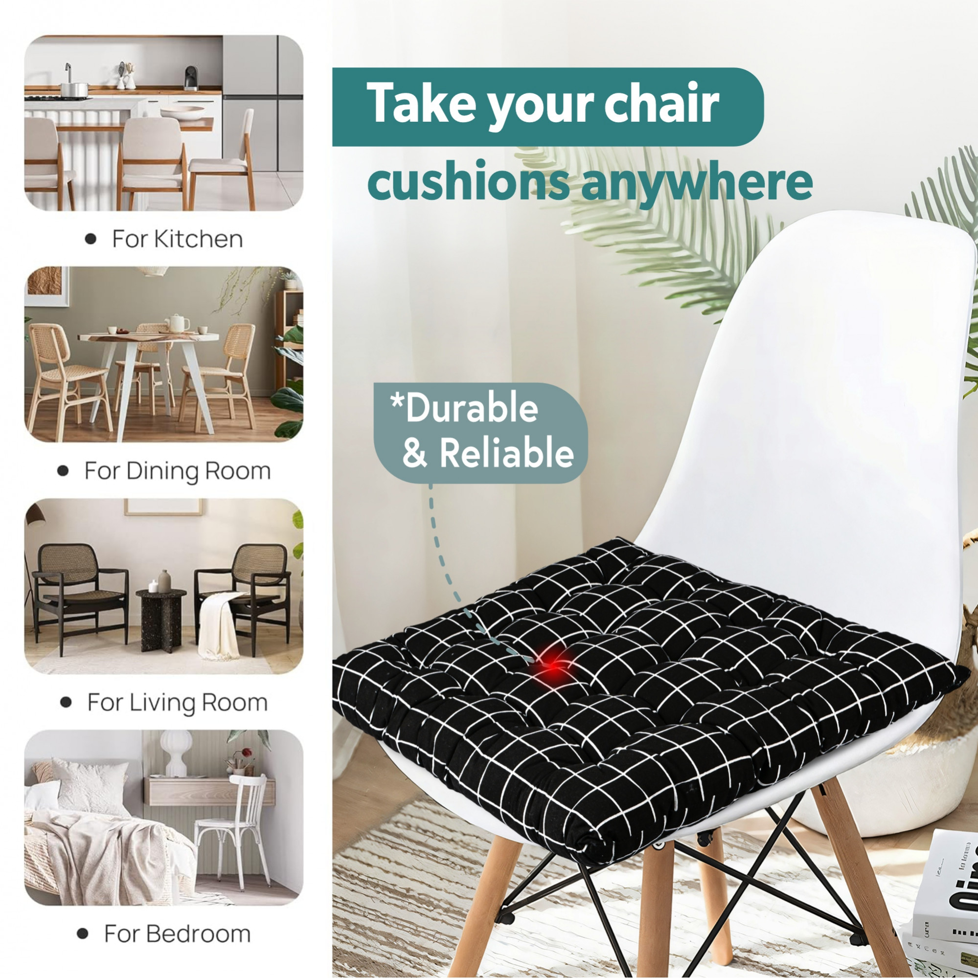 Kuber Industries Cotton 24x24 Inch Comfort Chair Cushion for Sitting  Rocking Chairs Cushion for Car Seat  Office Chair  Cushion with Ties for Home Office Meditation Yoga  Square Check - Black