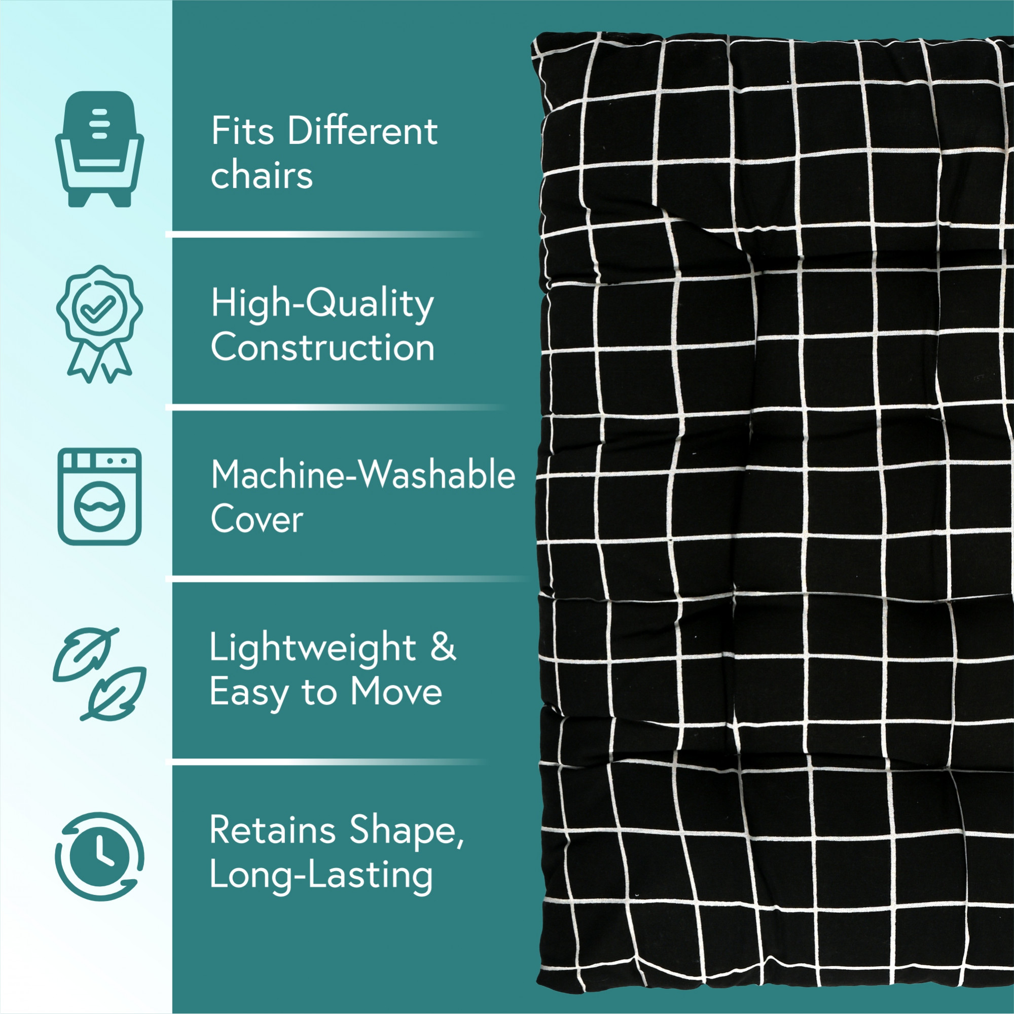 Kuber Industries Cotton 24x24 Inch Comfort Chair Cushion for Sitting  Rocking Chairs Cushion for Car Seat  Office Chair  Cushion with Ties for Home Office Meditation Yoga  Square Check - Black