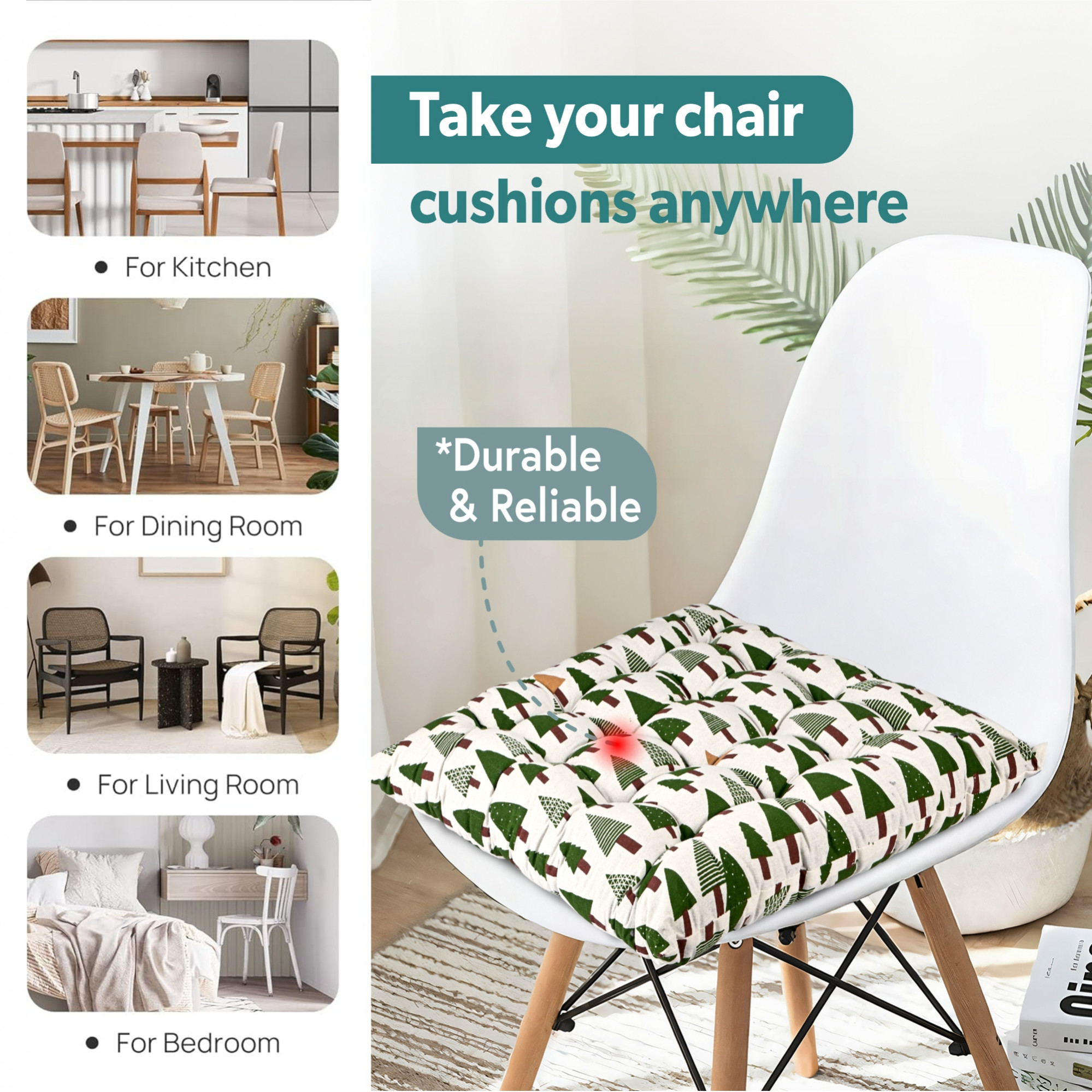 Kuber Industries Cotton 24x24 Inch Comfort Chair Cushion for Sitting  Rocking Chairs Cushion for Car Seat  Office Chair  Cushion with Ties for Home Office Meditation Yoga  Square Tree - Green