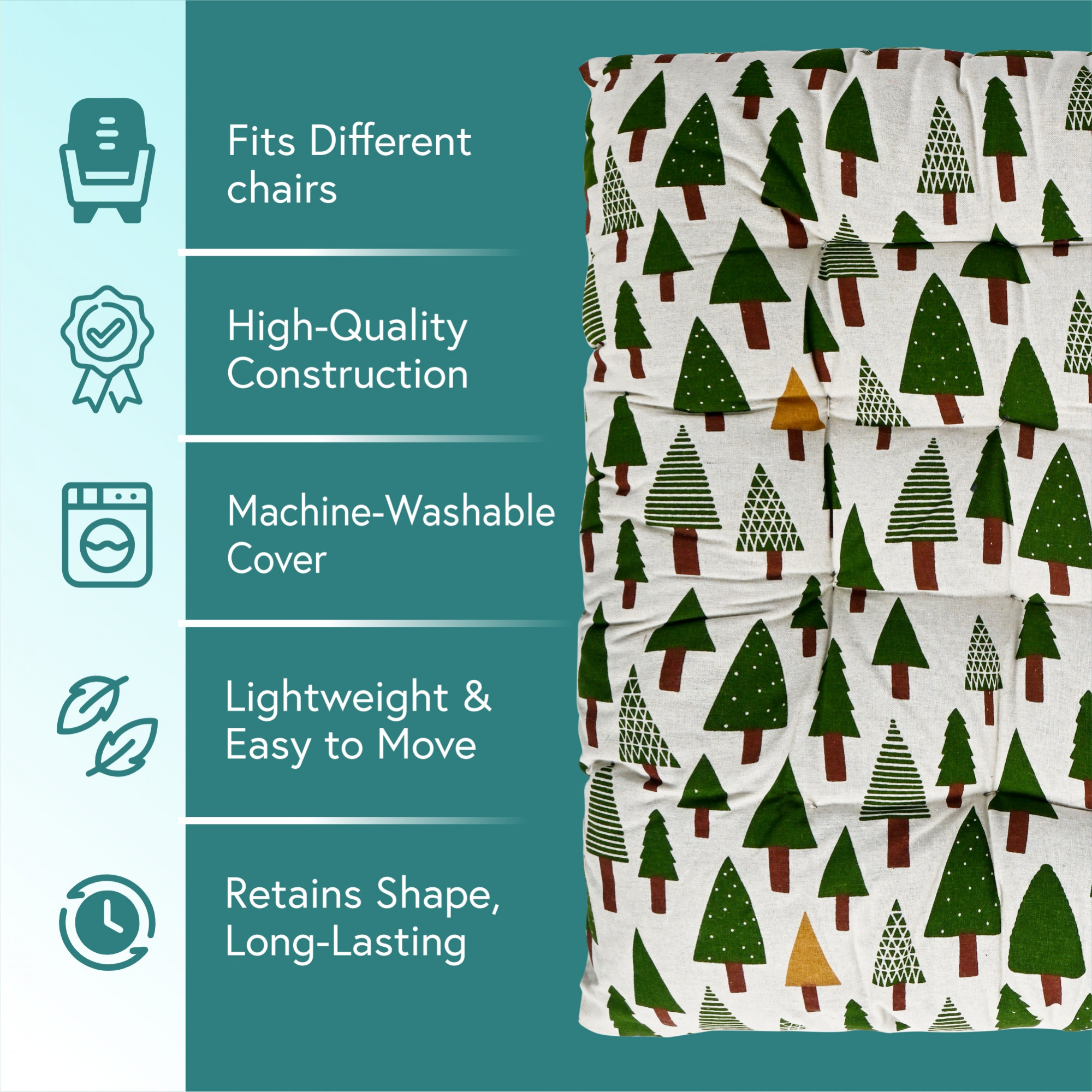 Kuber Industries Cotton 24x24 Inch Comfort Chair Cushion for Sitting  Rocking Chairs Cushion for Car Seat  Office Chair  Cushion with Ties for Home Office Meditation Yoga  Square Tree - Green