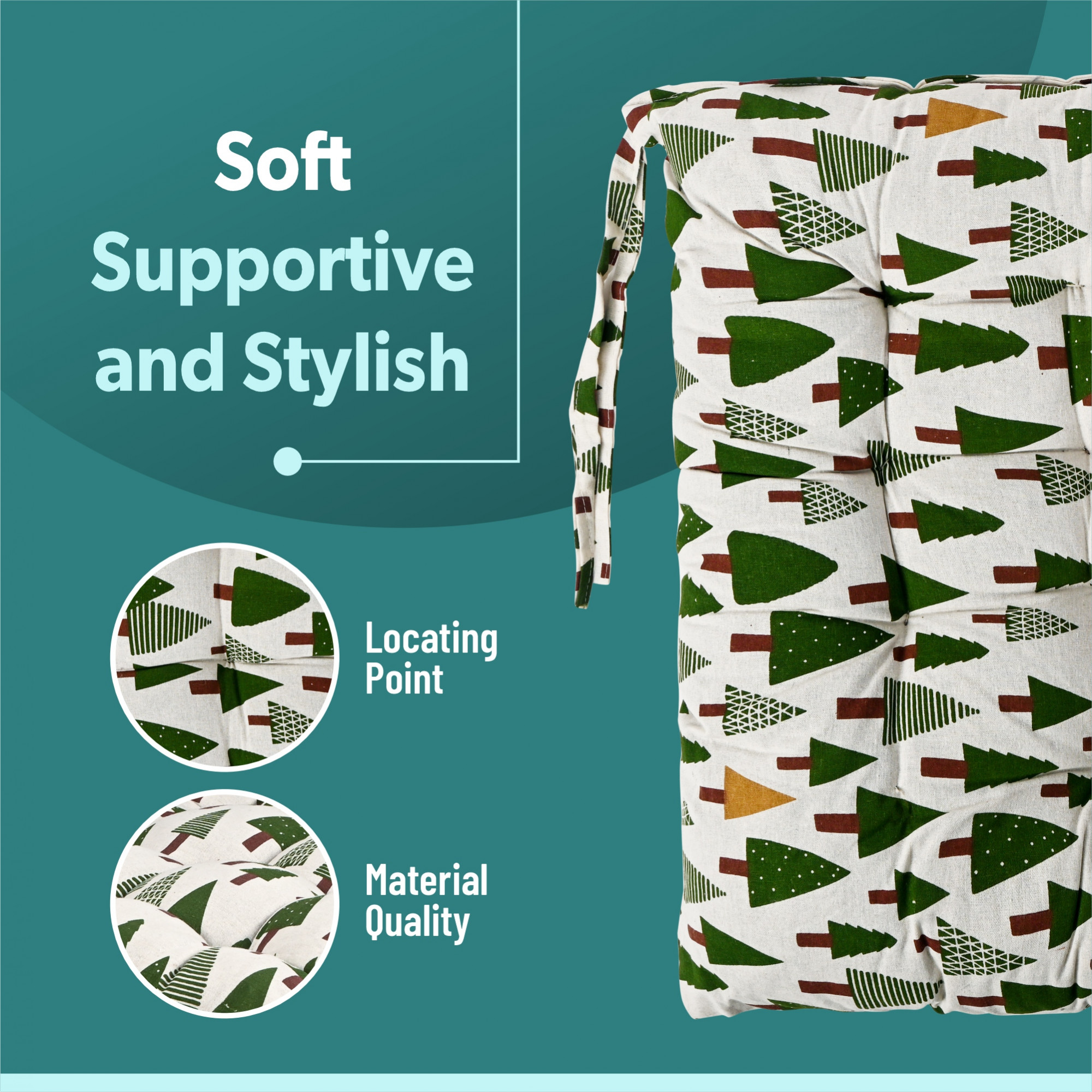 Kuber Industries Cotton 24x24 Inch Comfort Chair Cushion for Sitting  Rocking Chairs Cushion for Car Seat  Office Chair  Cushion with Ties for Home Office Meditation Yoga  Square Tree - Green