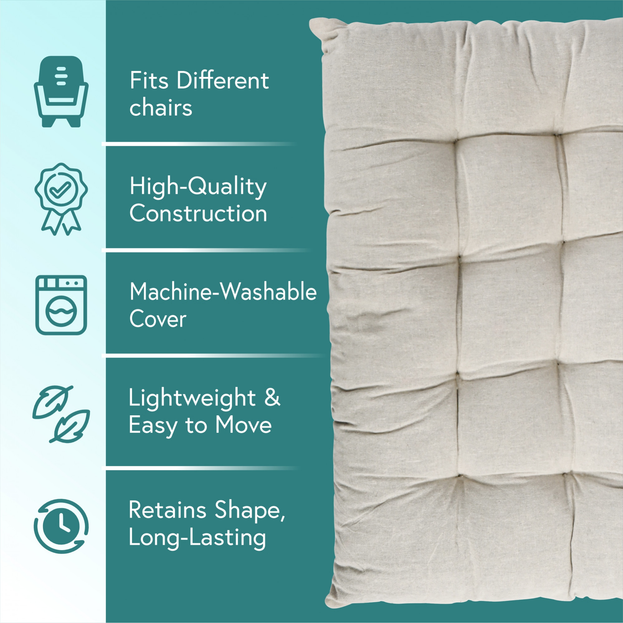 Kuber Industries Cotton 24x24 Inch Comfort Chair Cushion for Sitting  Rocking Chairs Cushion for Car Seat  Office Chair  Cushion with Ties for Home Office Meditation Yoga  Square Plain - Cream