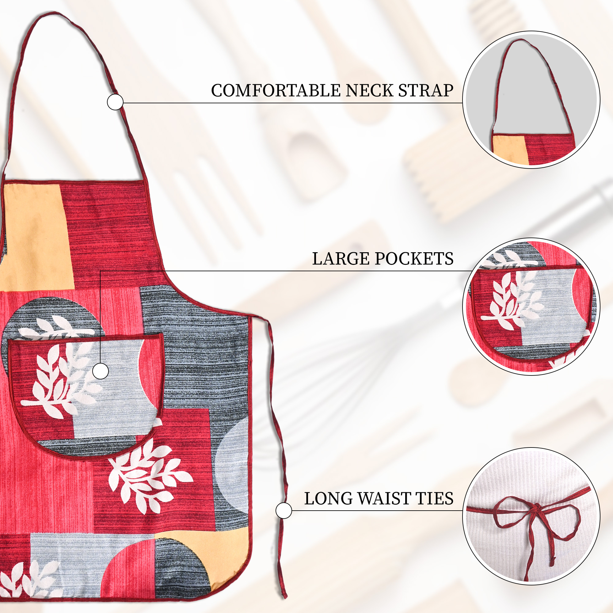 Kuber Industries Cotton Apron for Kitchen with Center Pocket  Machine Washable Cooking Aprons for Women  Men - Ideal for Home  Restaurant  Printed - Red