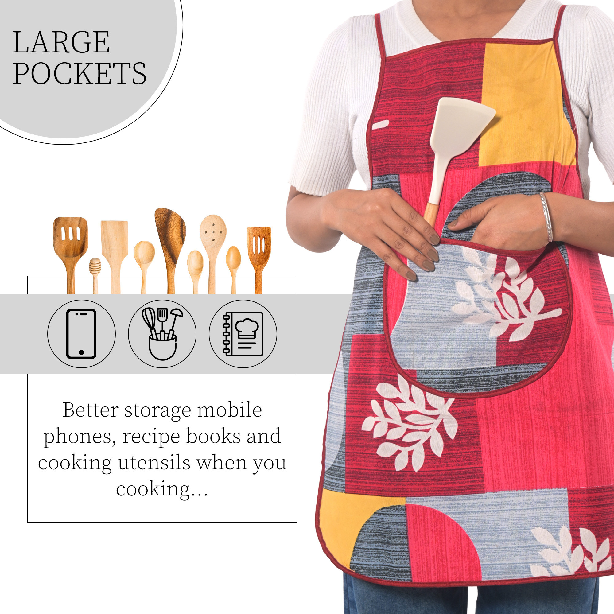 Kuber Industries Cotton Apron for Kitchen with Center Pocket  Machine Washable Cooking Aprons for Women  Men - Ideal for Home  Restaurant  Printed - Red