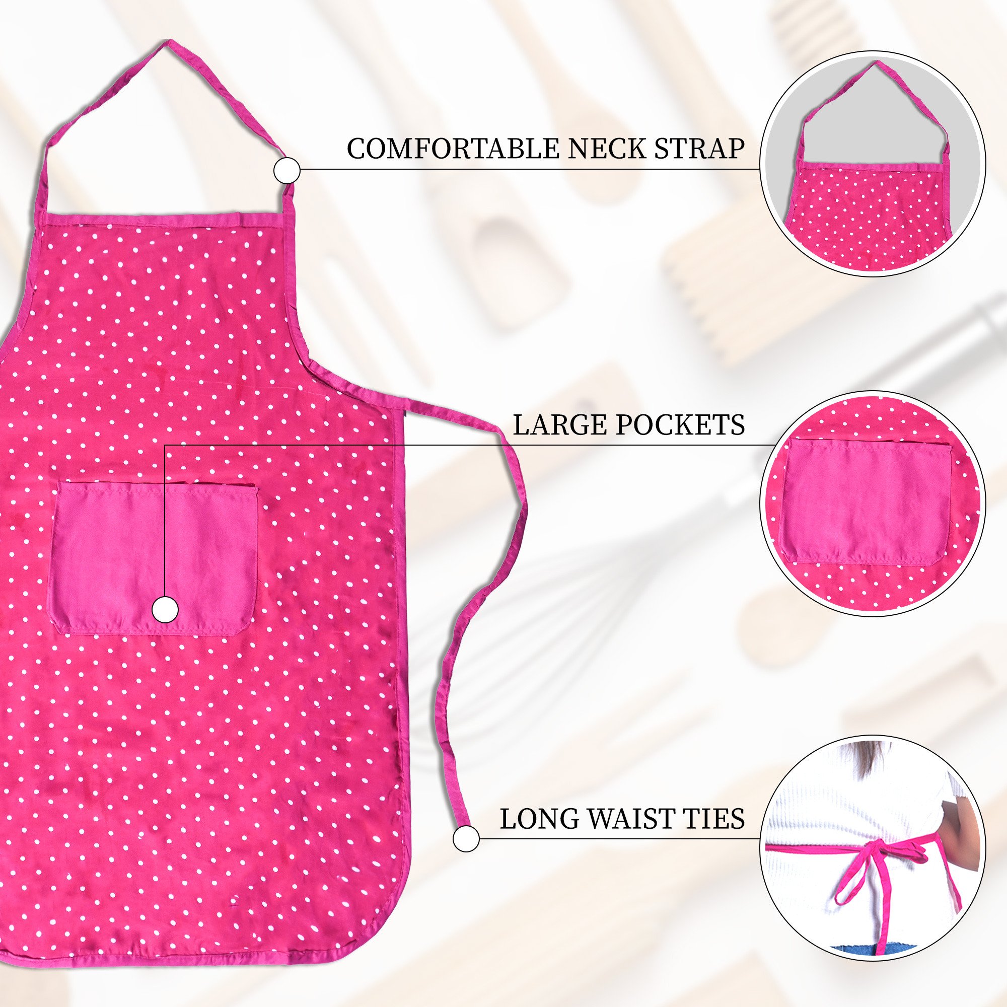 Kuber Industries Cotton Apron for Kitchen with Center Pocket  Machine Washable Cooking Aprons for Women  Men - Ideal for Home  Restaurant  Dot Print - Pink