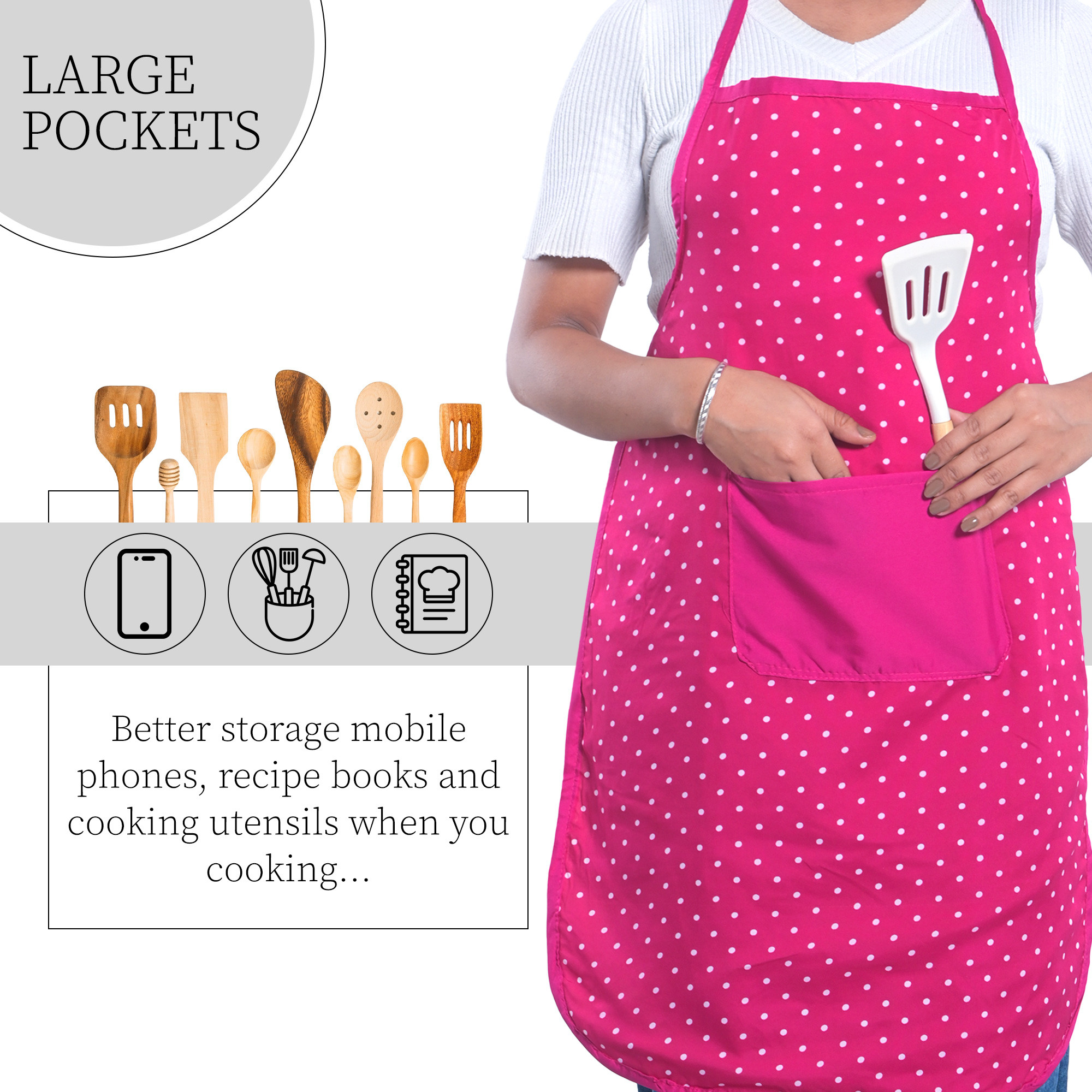 Kuber Industries Cotton Apron for Kitchen with Center Pocket  Machine Washable Cooking Aprons for Women  Men - Ideal for Home  Restaurant  Dot Print - Pink