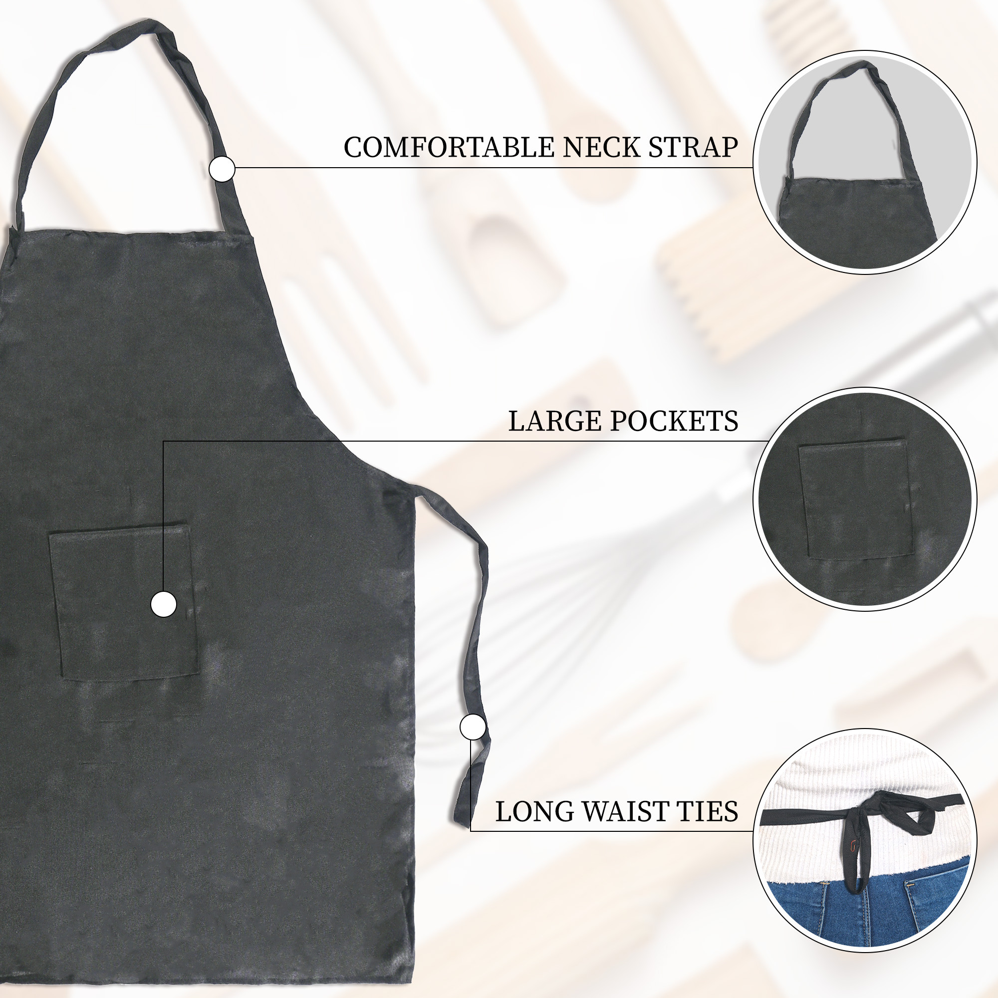 Kuber Industries Cotton Apron for Kitchen with Center Pocket  Machine Washable Cooking Aprons for Women  Men - Ideal for Home  Restaurant  Black