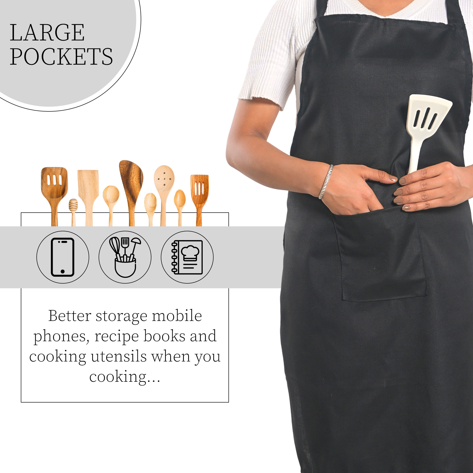 Kuber Industries Cotton Apron for Kitchen with Center Pocket  Machine Washable Cooking Aprons for Women  Men - Ideal for Home  Restaurant  Black