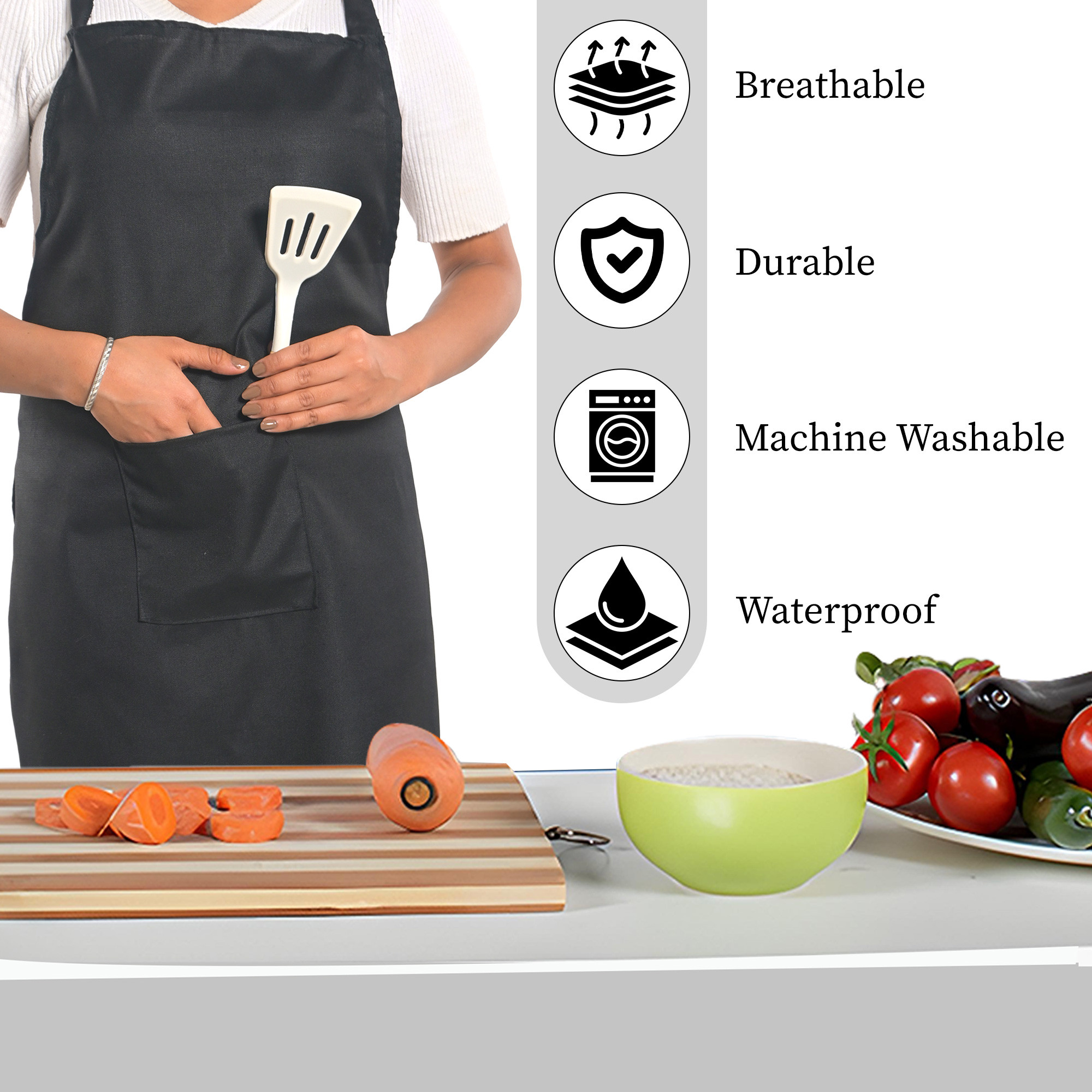 Kuber Industries Cotton Apron for Kitchen with Center Pocket  Machine Washable Cooking Aprons for Women  Men - Ideal for Home  Restaurant  Black