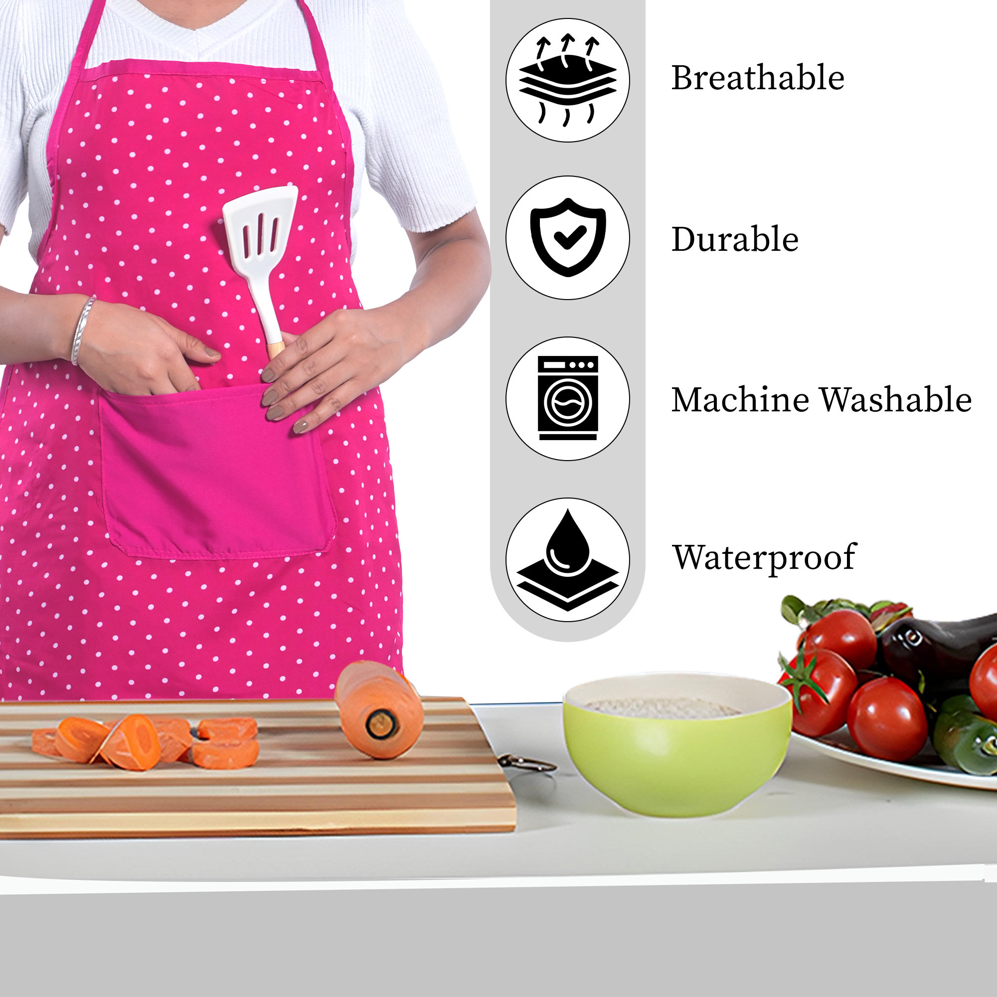 Kuber Industries Cotton Apron for Kitchen with Center Pocket  Machine Washable Cooking Aprons for Women  Men - Ideal for Home  Restaurant  Dot Print - Pink