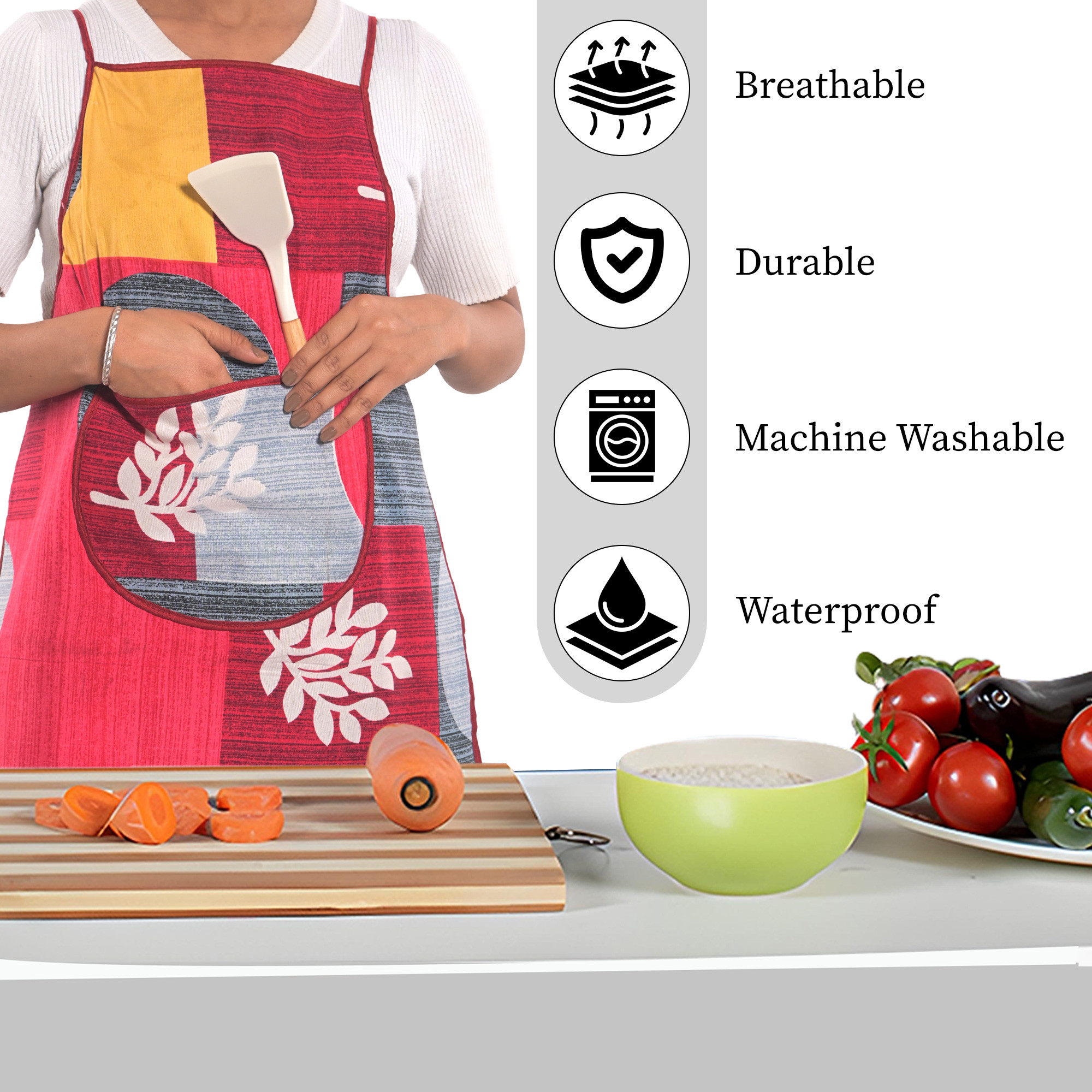 Kuber Industries Cotton Apron for Kitchen with Center Pocket  Machine Washable Cooking Aprons for Women  Men - Ideal for Home  Restaurant  Printed - Red