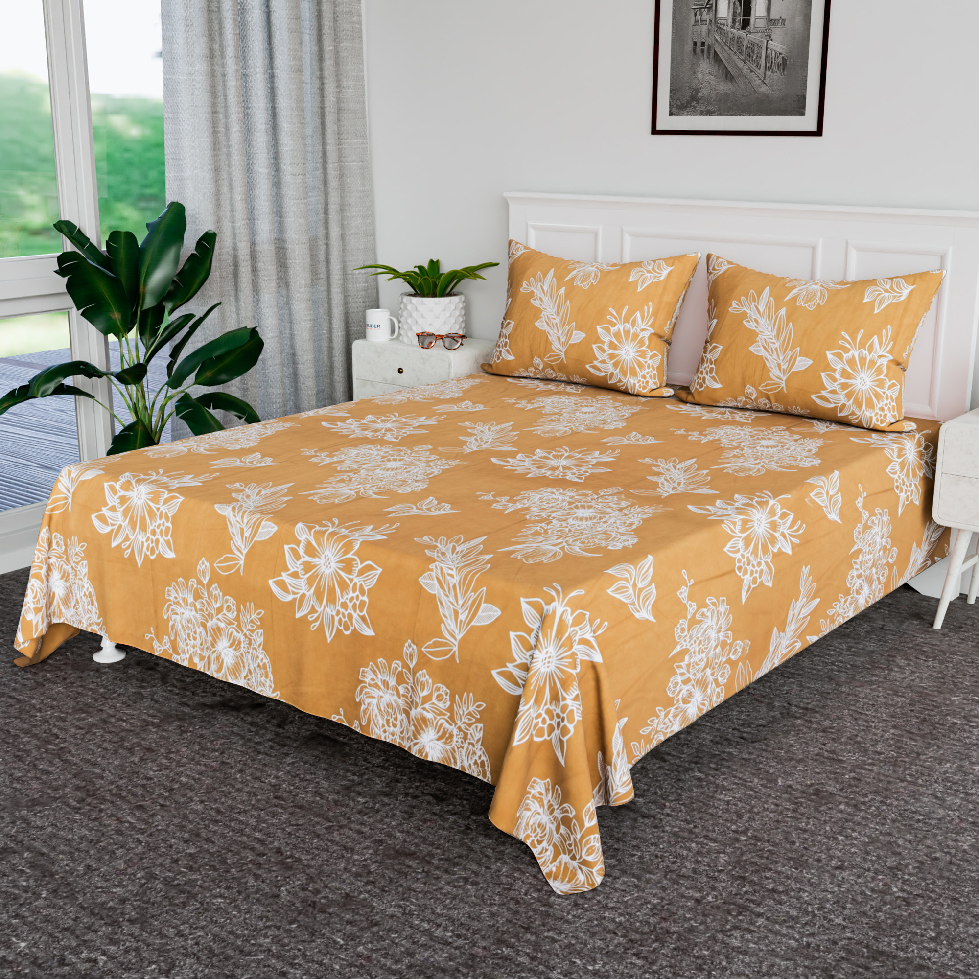 Kuber Industries Cotton Bedsheet for Double Bed with 2 Pillow Cover  Soft Fabric for Comfortable  Stylish Bedroom  Ideal for Home  Hotel Decor  Lotus Fabio -Golden  White