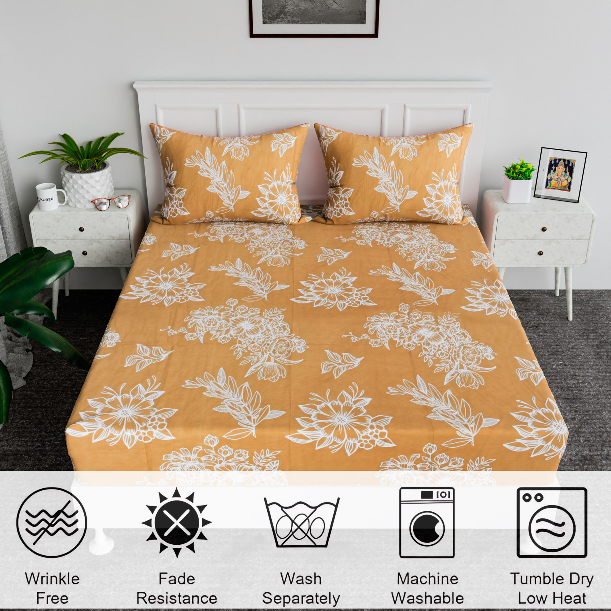 Kuber Industries Cotton Bedsheet for Double Bed with 2 Pillow Cover  Soft Fabric for Comfortable  Stylish Bedroom  Ideal for Home  Hotel Decor  Lotus Fabio -Golden  White