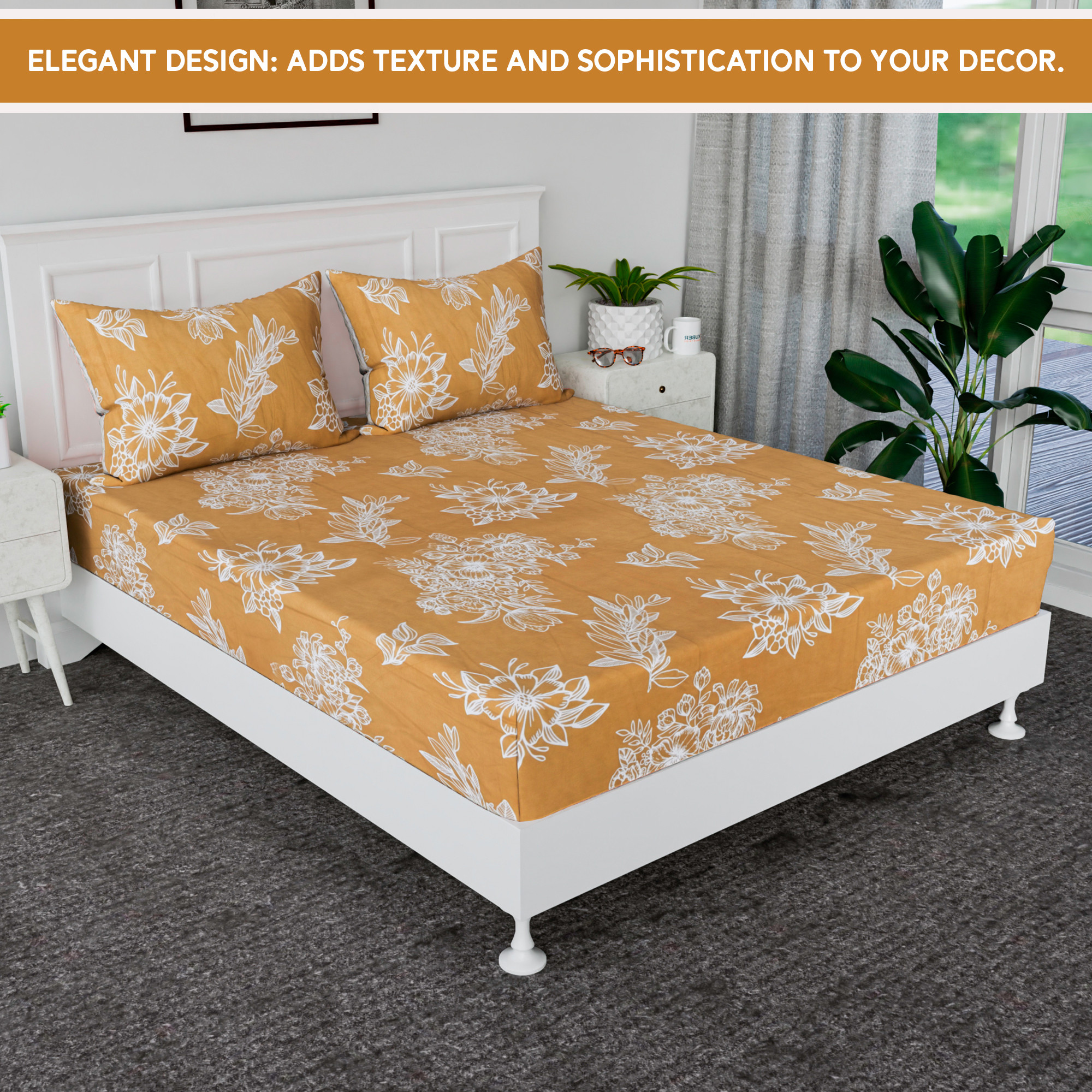 Kuber Industries Cotton Bedsheet for Double Bed with 2 Pillow Cover  Soft Fabric for Comfortable  Stylish Bedroom  Ideal for Home  Hotel Decor  Lotus Fabio -Golden  White