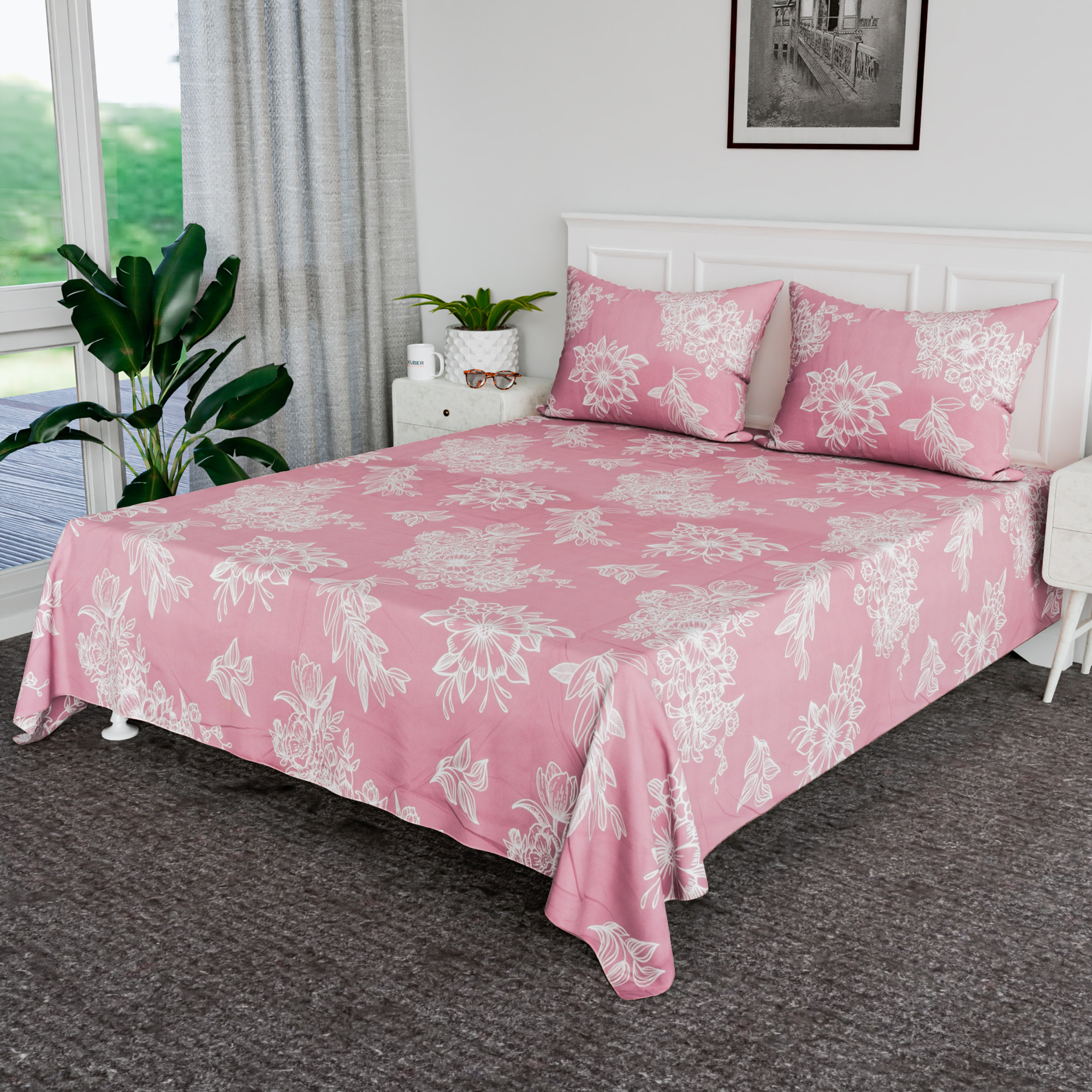 Kuber Industries Cotton Bedsheets for Double Bed with 2 Pillow Covers  Soft Fabric for Comfortable  Stylish Bedroom  Ideal for Home  Hotel Decor  Lotus Fabio -Pink  White