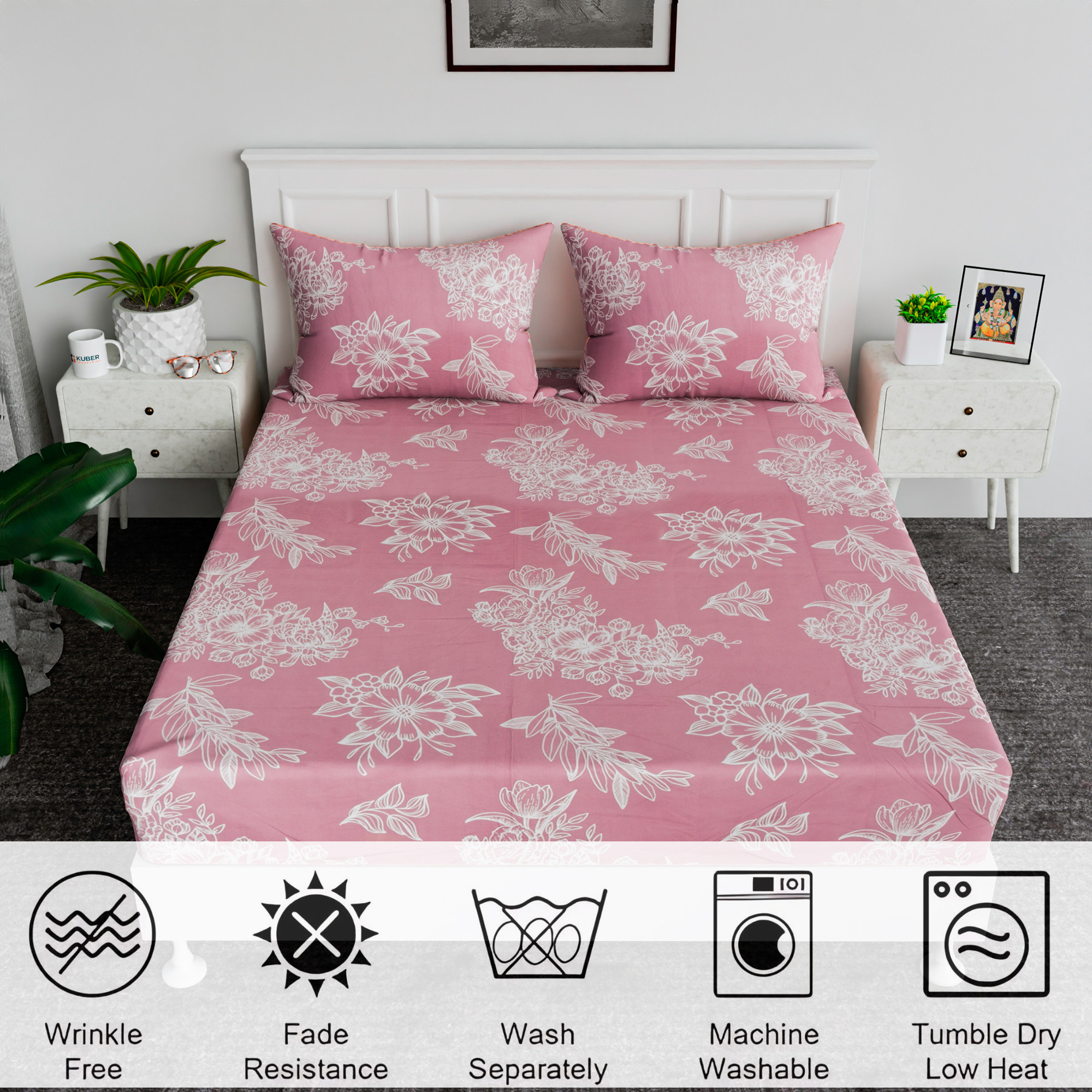 Kuber Industries Cotton Bedsheets for Double Bed with 2 Pillow Covers  Soft Fabric for Comfortable  Stylish Bedroom  Ideal for Home  Hotel Decor  Lotus Fabio -Pink  White